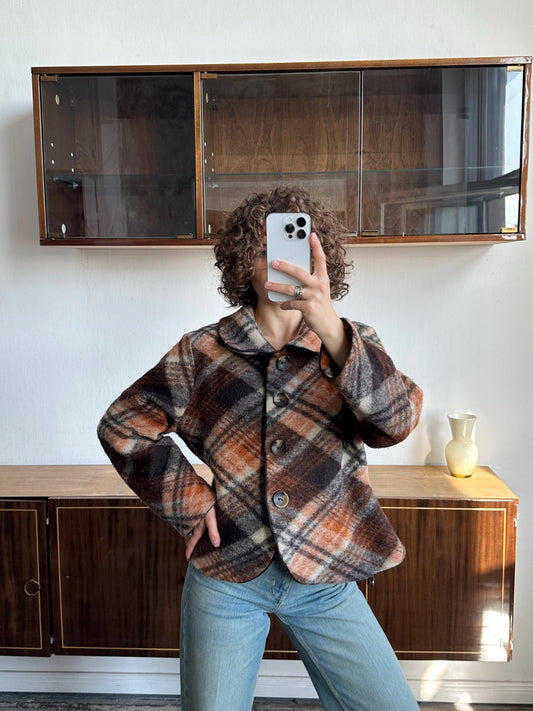 Vintage plaid wool coat in orange and brown with a big collar