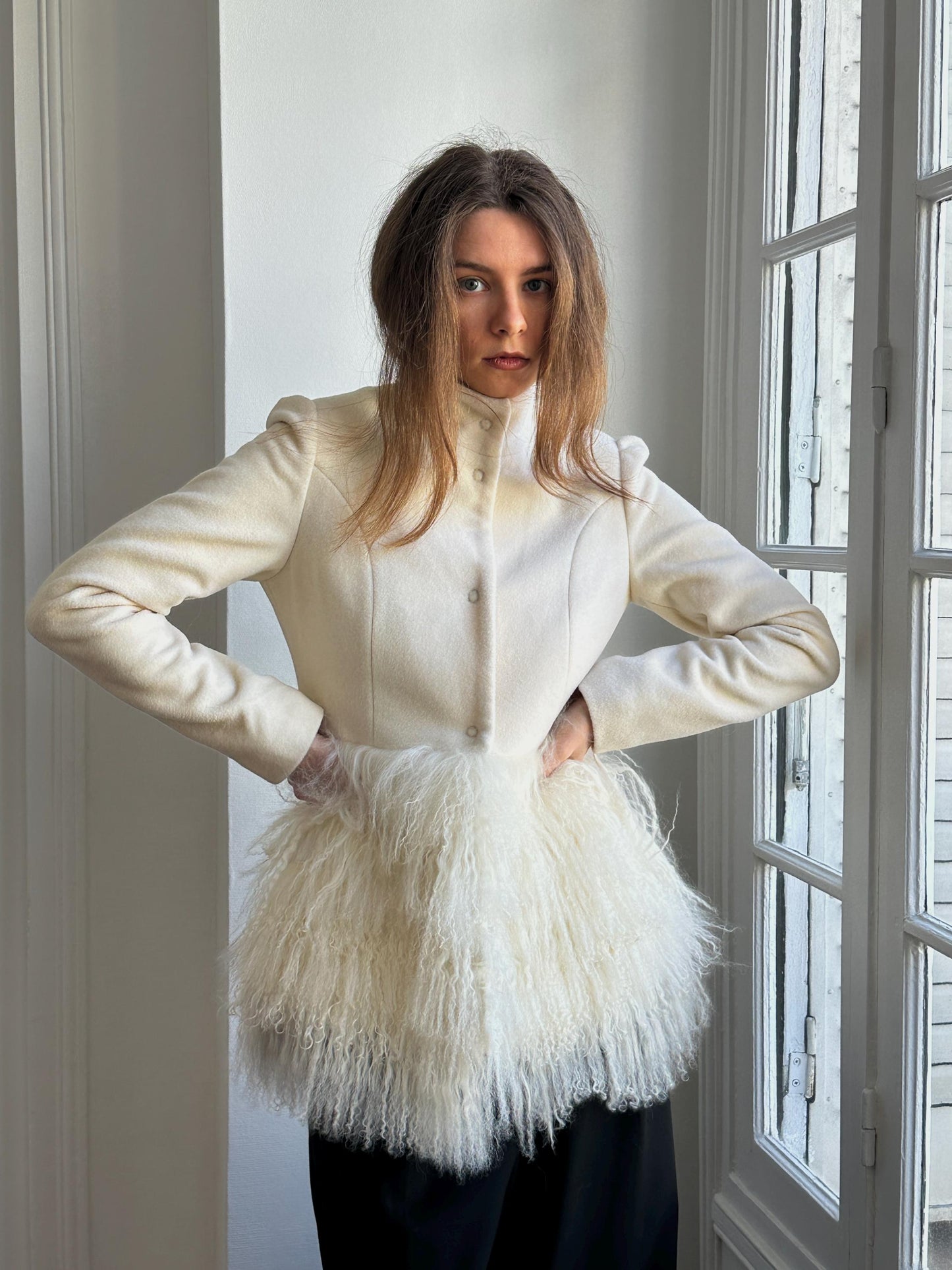 Vintage Y2K Ivory Wool Short Coat with Tibetan Lamb Fur Hem