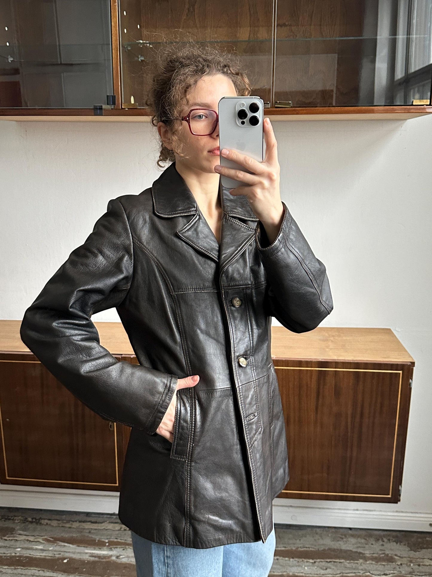 Vintage 90s Minimalist Leather Jacket In Dark Brown