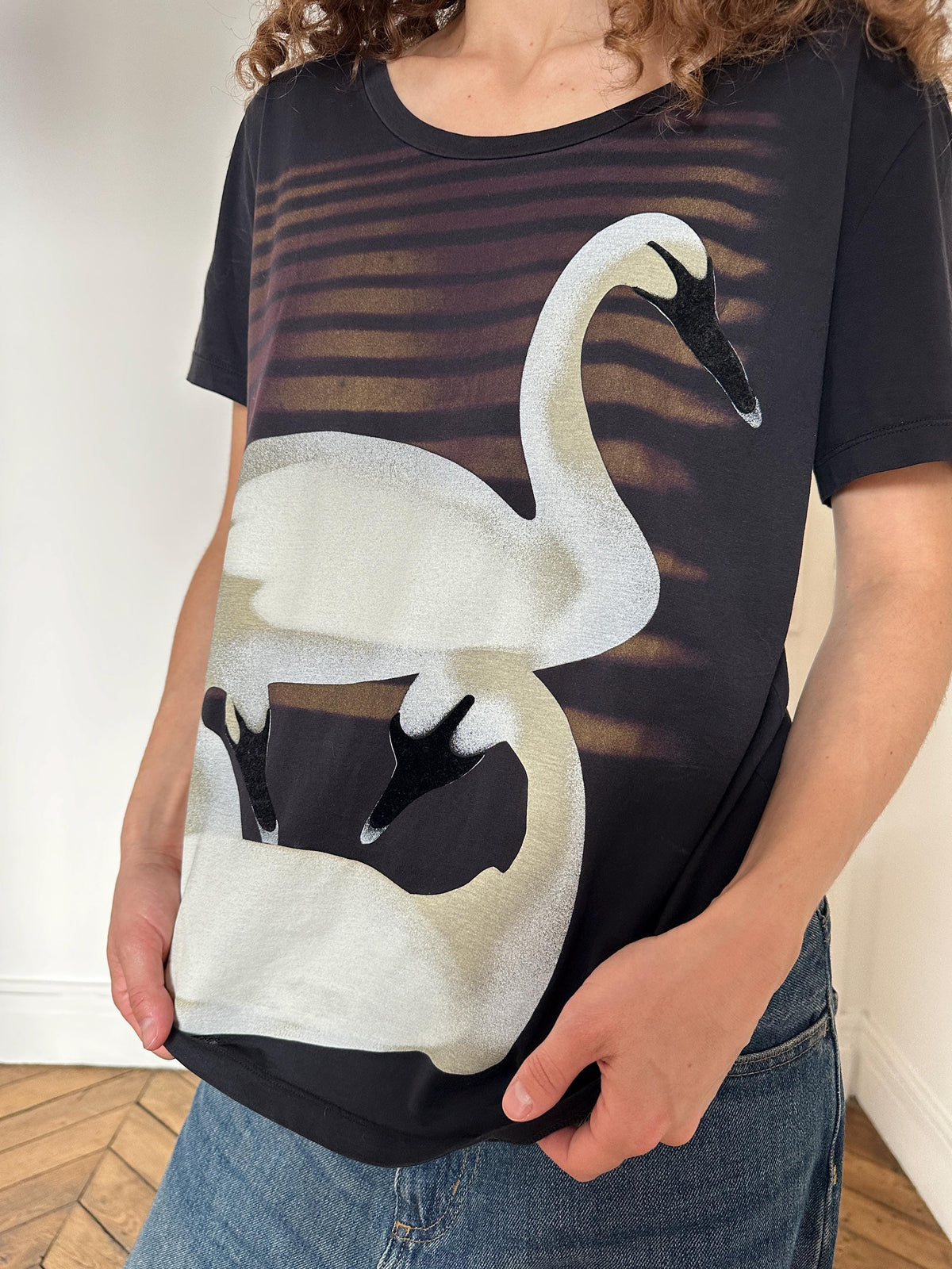 Vintage Sonia Rykiel Swan Print Cotton T-Shirt in Black