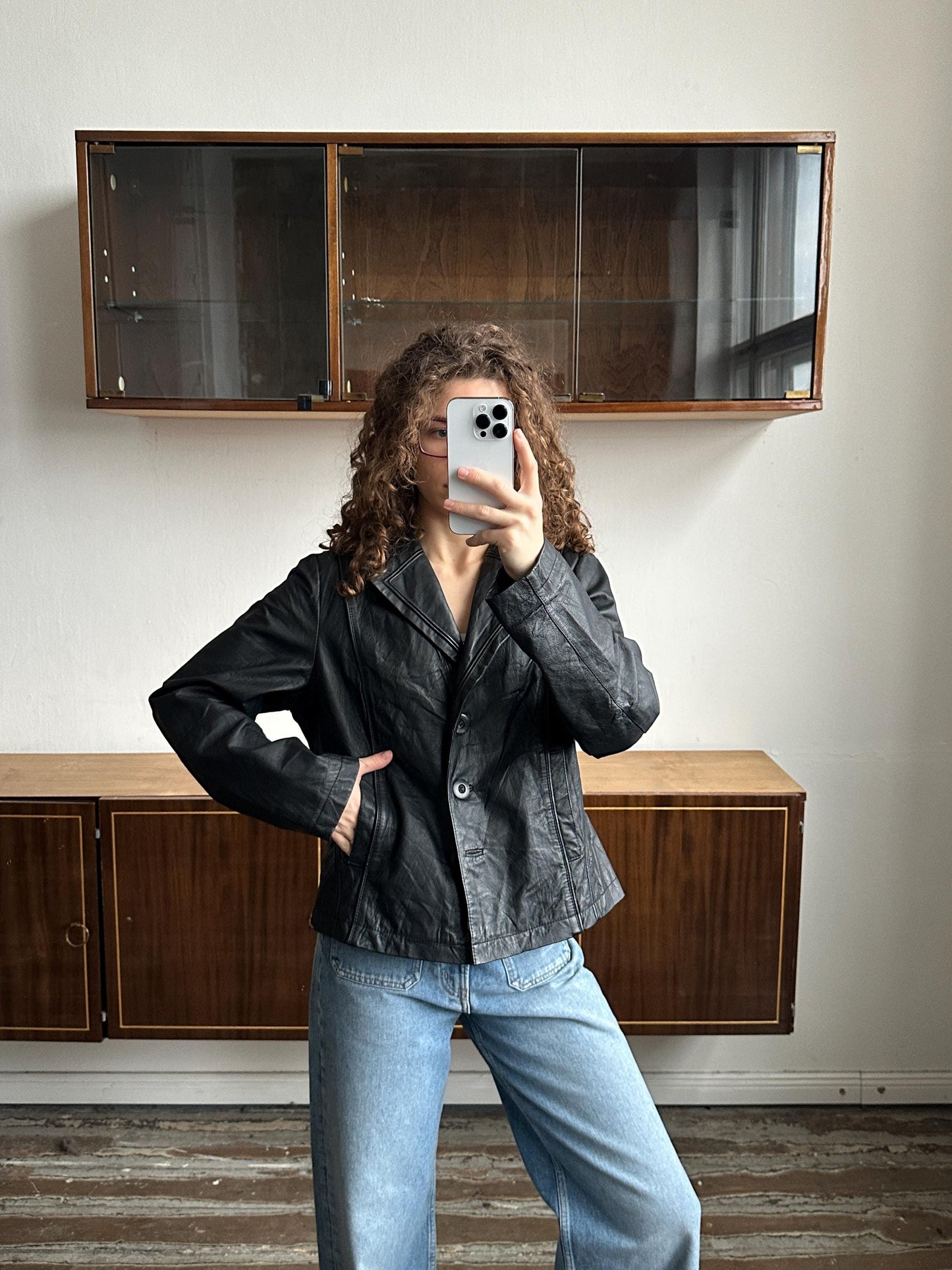 Vintage Oversized Leather Jacket In Black