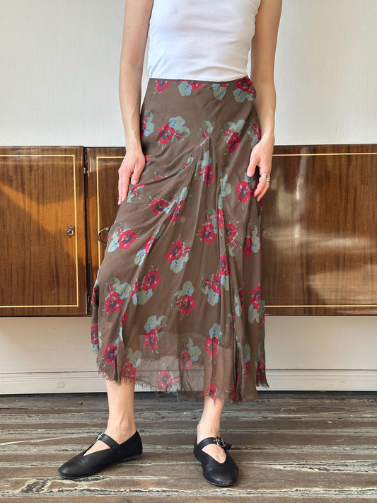 Vintage 90s maxi floral silk skirt in brown