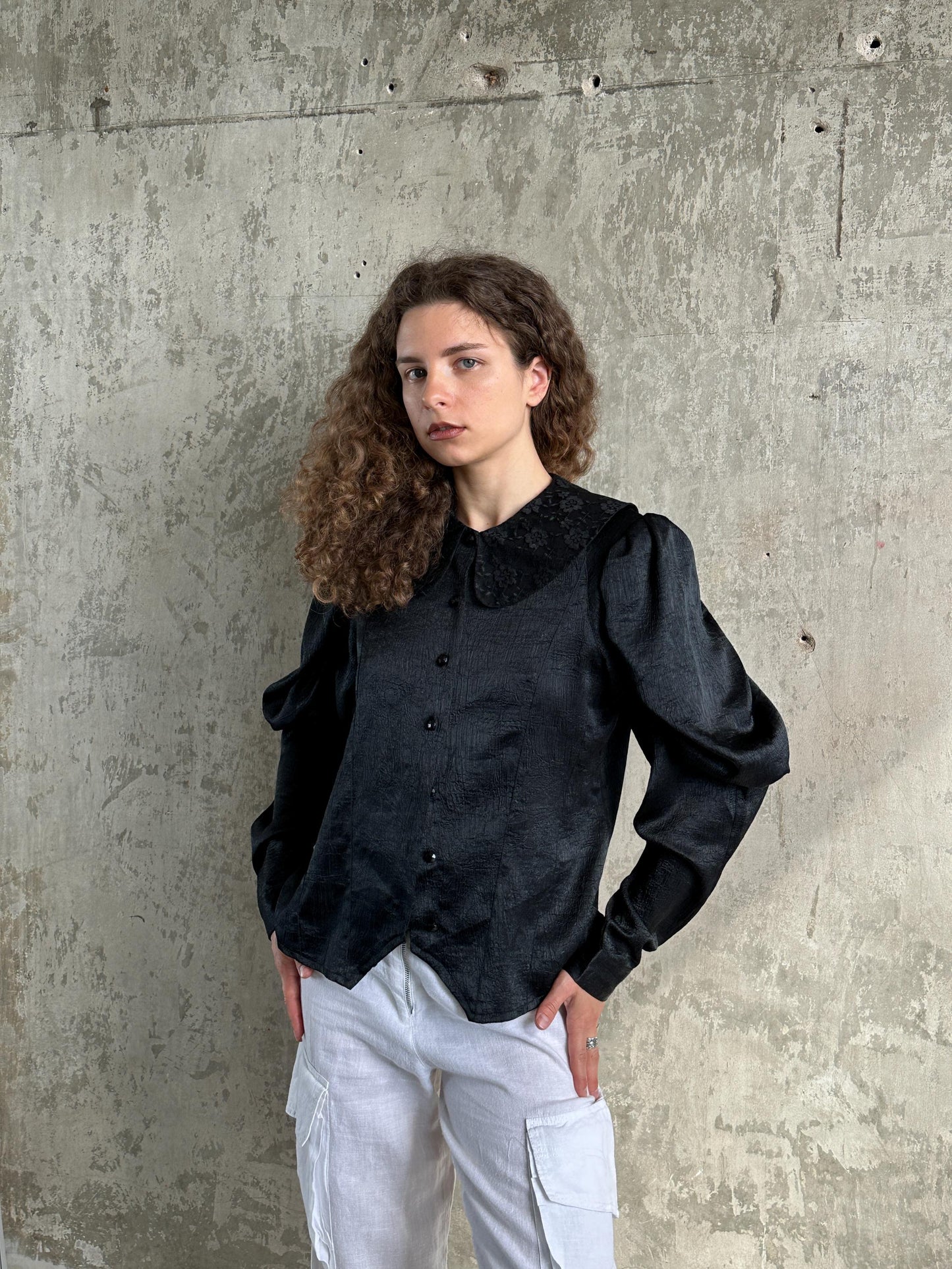 Vintage Black Puff Sleeve Romantic Draped Blouse