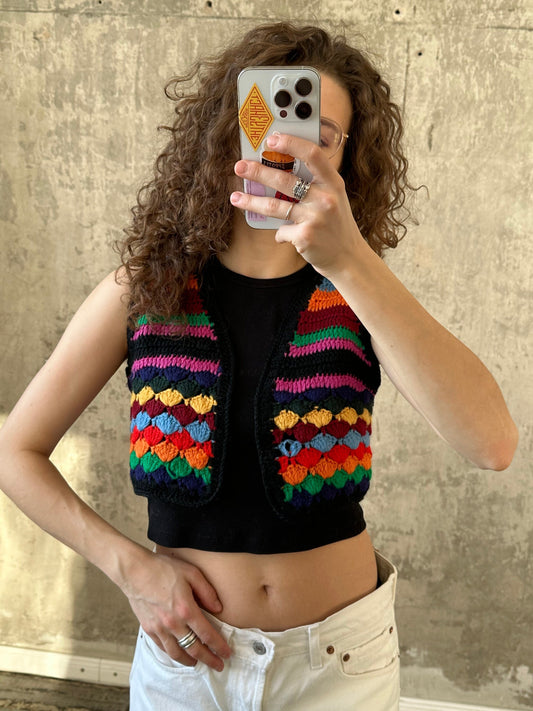 Vintage colorful knitted vest in bright blue, yellow, red