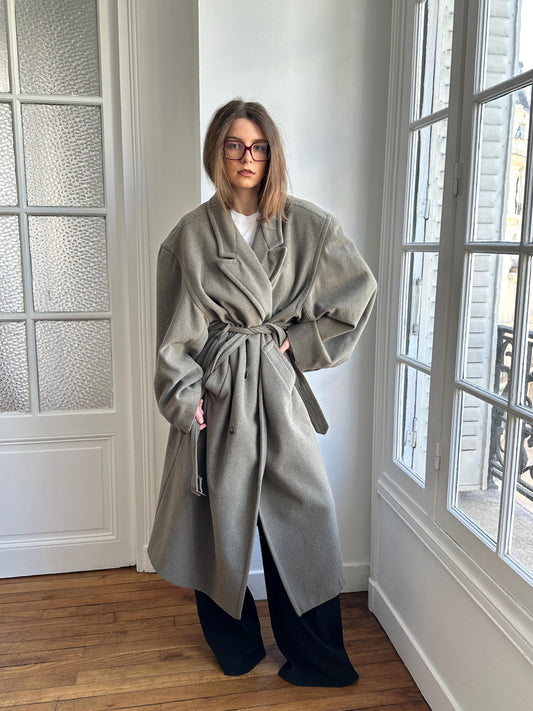 Vintage 90s Oversized Belted Wool Coat In Grey