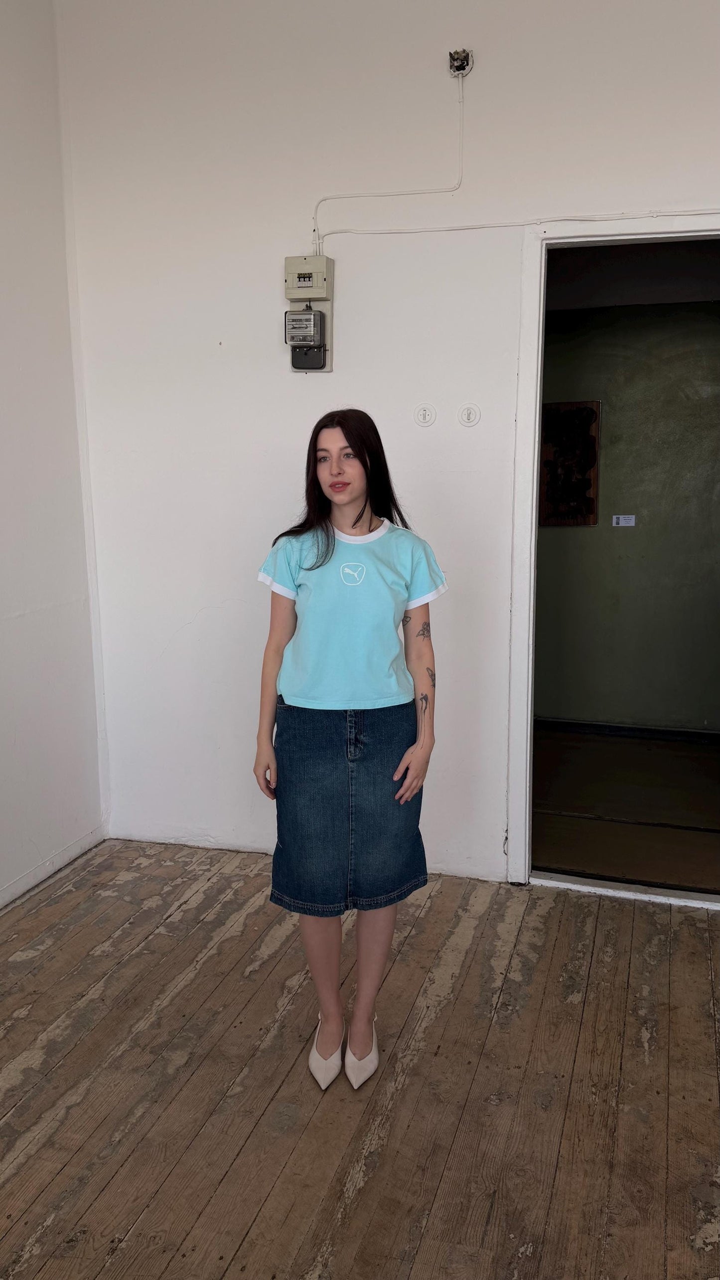 Vintage PUMA micro t-shirt in baby blue with logo
