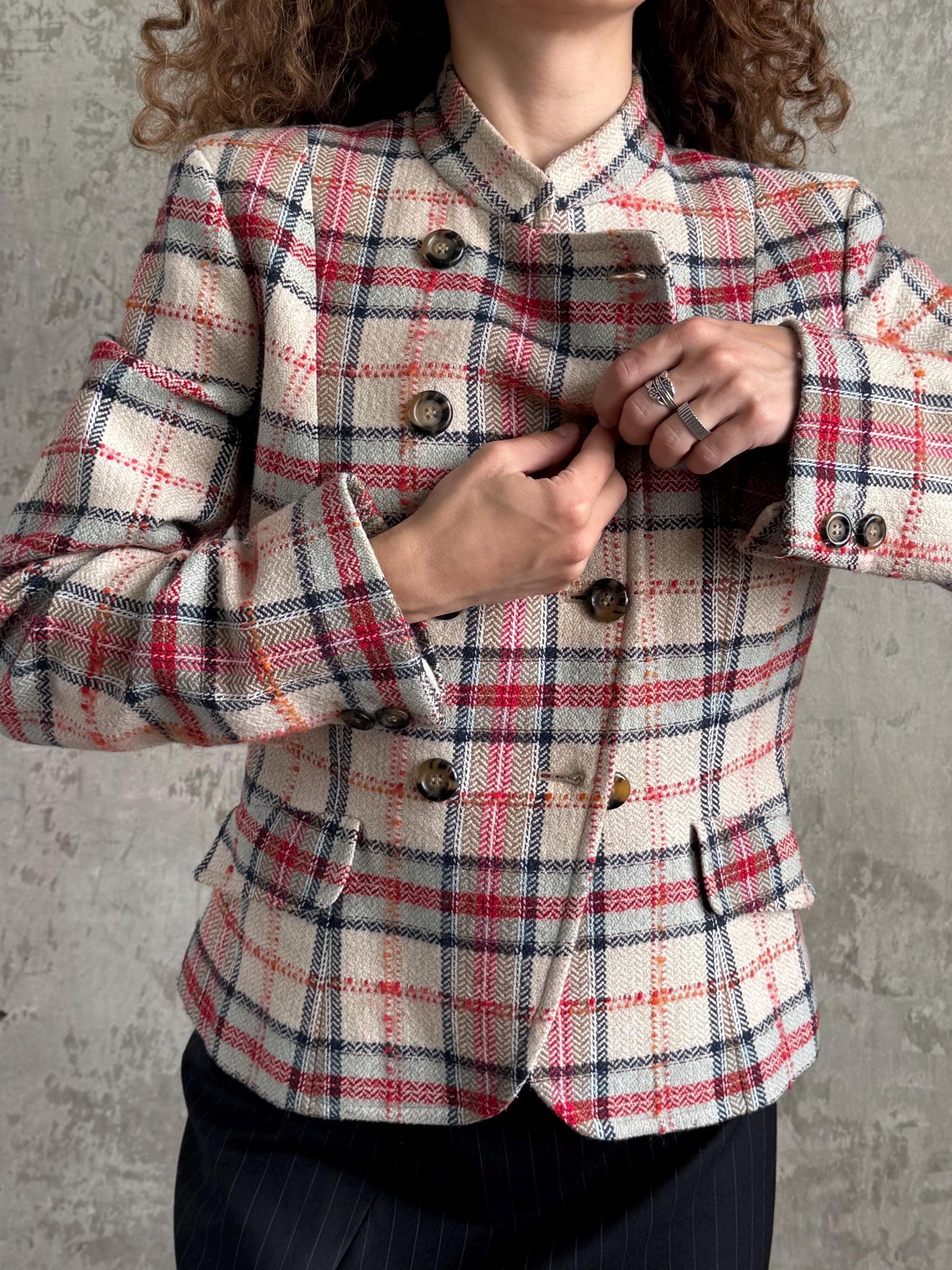 Vintage Weekend Max Mara Plaid Wool Blazer in Pink and Beige