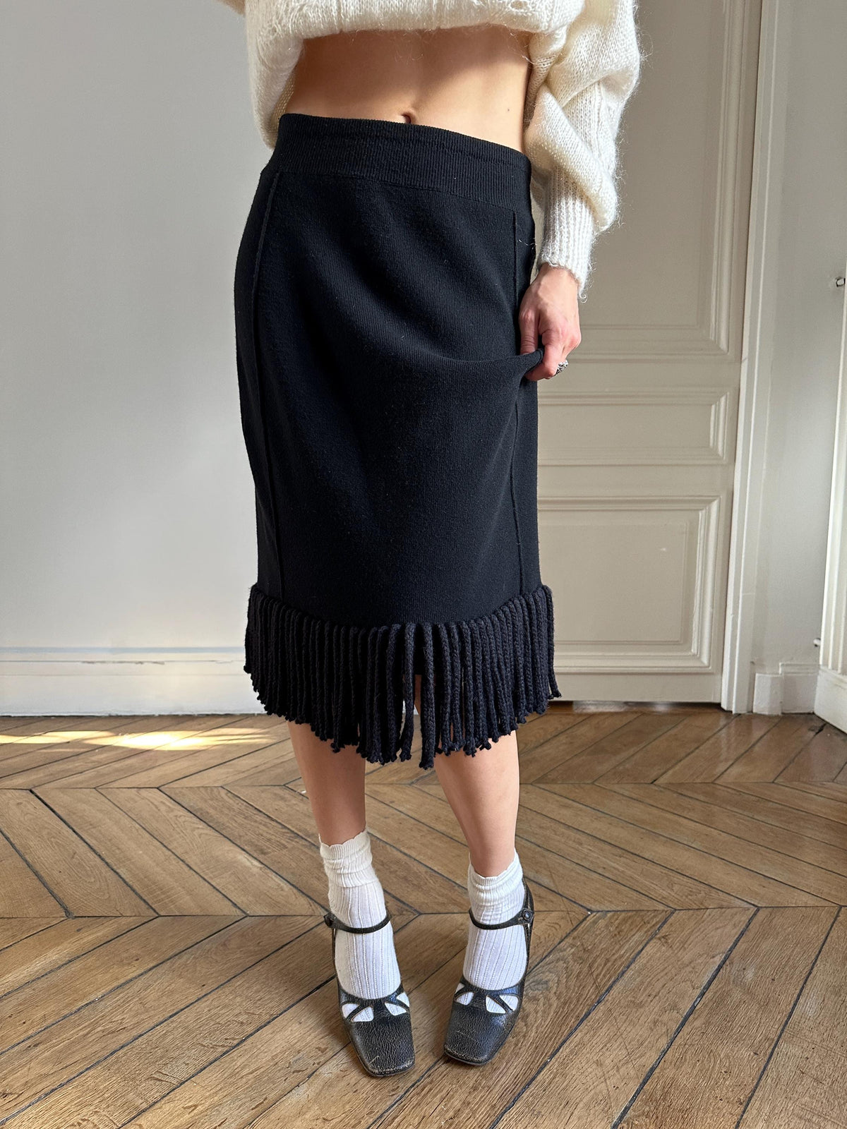 Vintage Sonia Rykiel Knit Skirt Black with Fringe