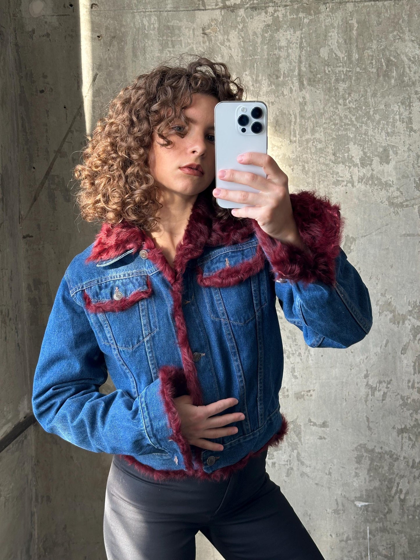 Vintage blue denim bomber jacket with fur lining