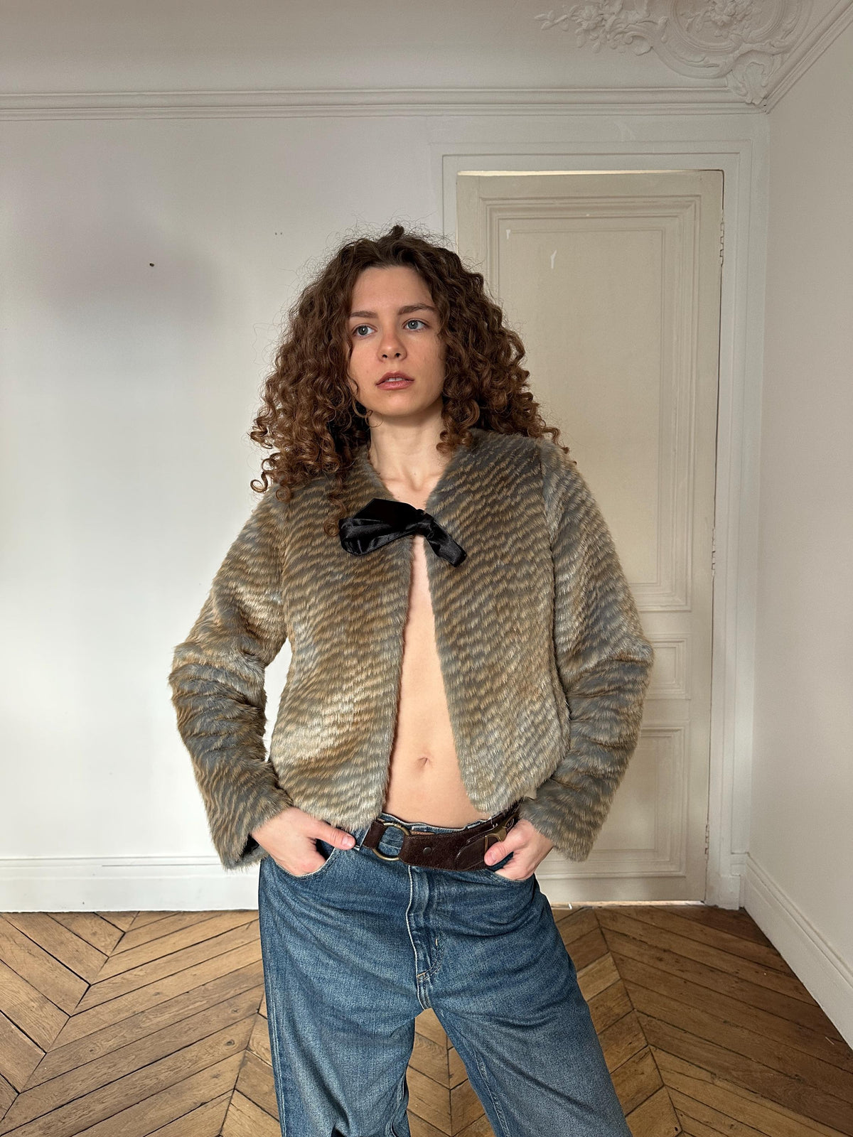 Vintage Cute Cropped Faux Fur Coat in Taupe Beige with Black Satin Bow