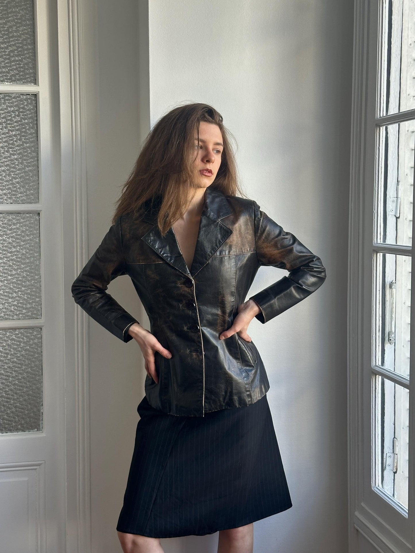 Vintage 90s Burnt Boxy Leather Jacket In Brown
