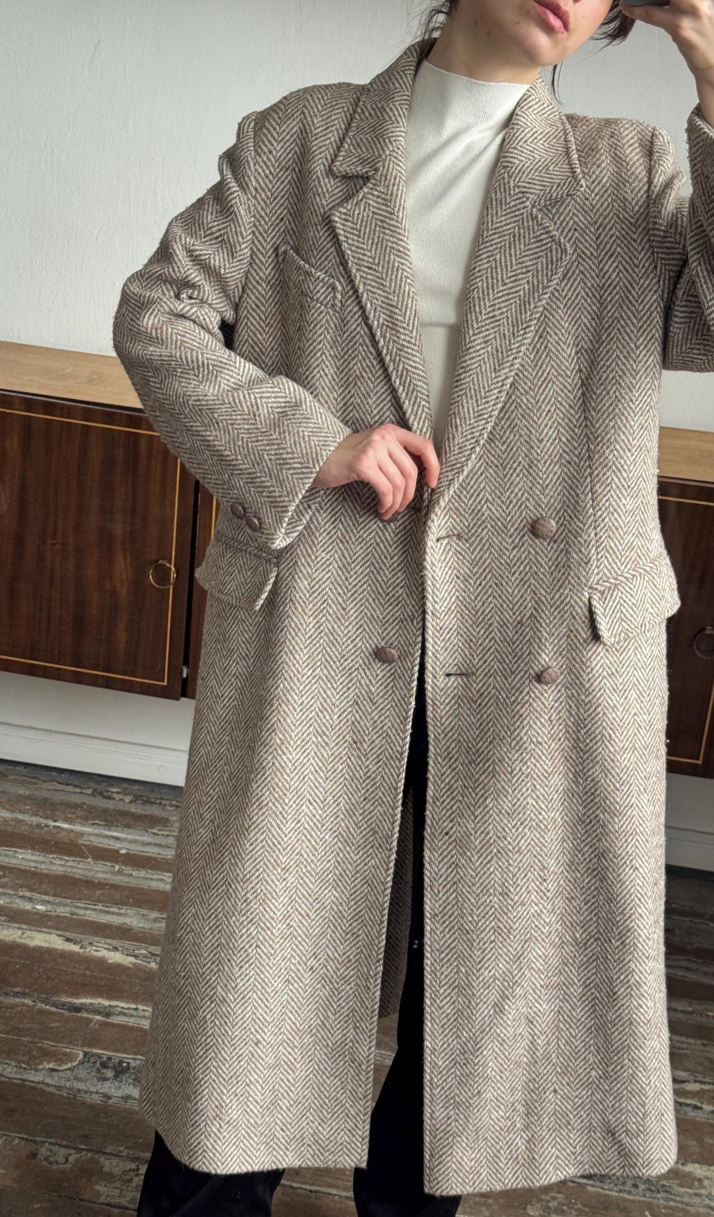 Vintage 90s Maxi Wool Classic Double-Breasted Coat In Beige