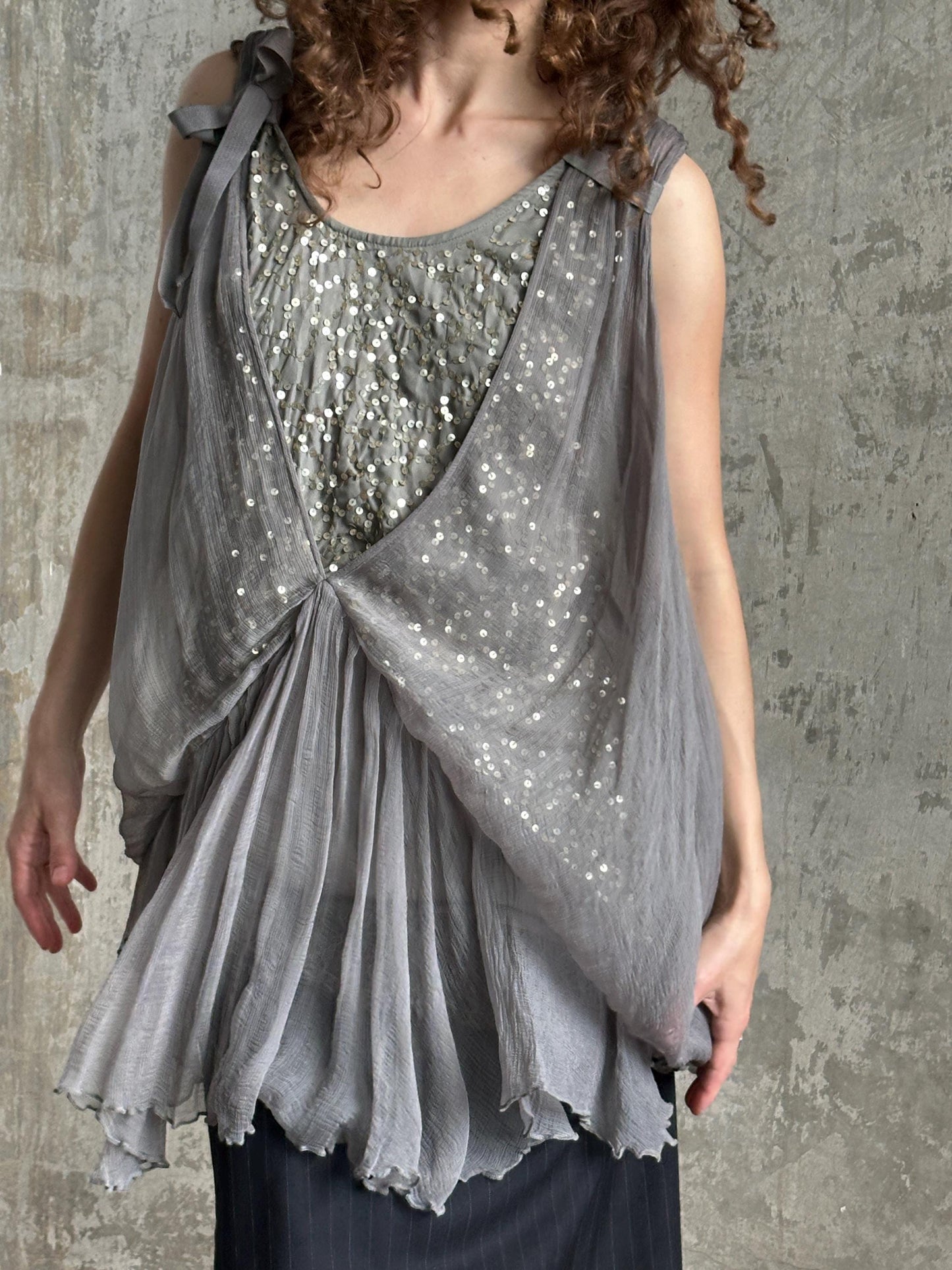 Vintage Liu Jo Grey Sequin Lace Dress | Layered Ruffle Dress