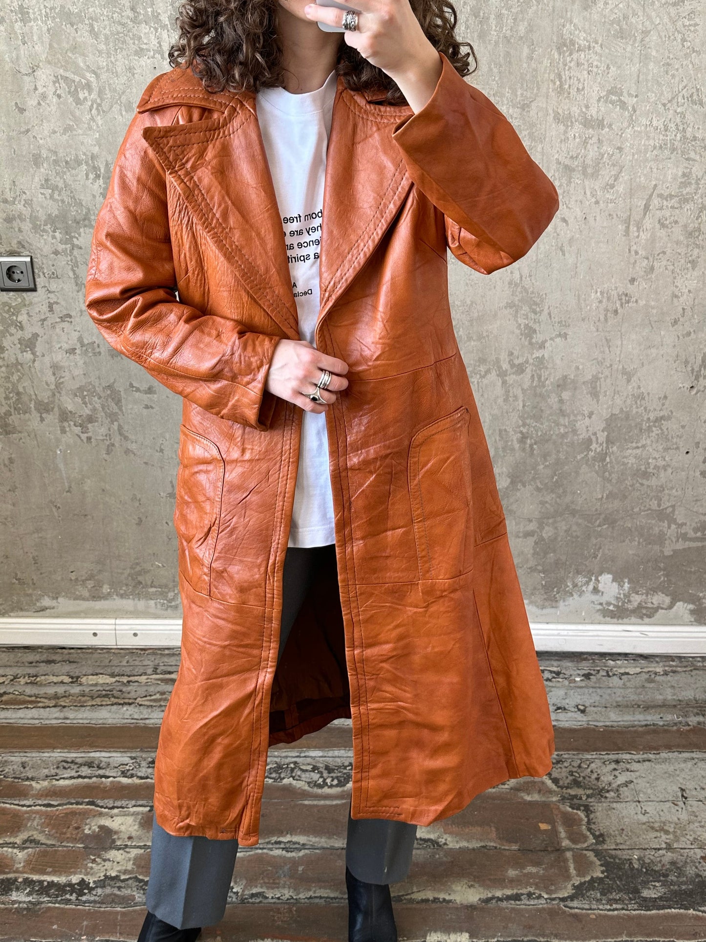 Vintage 90s genuine leather coat in orange