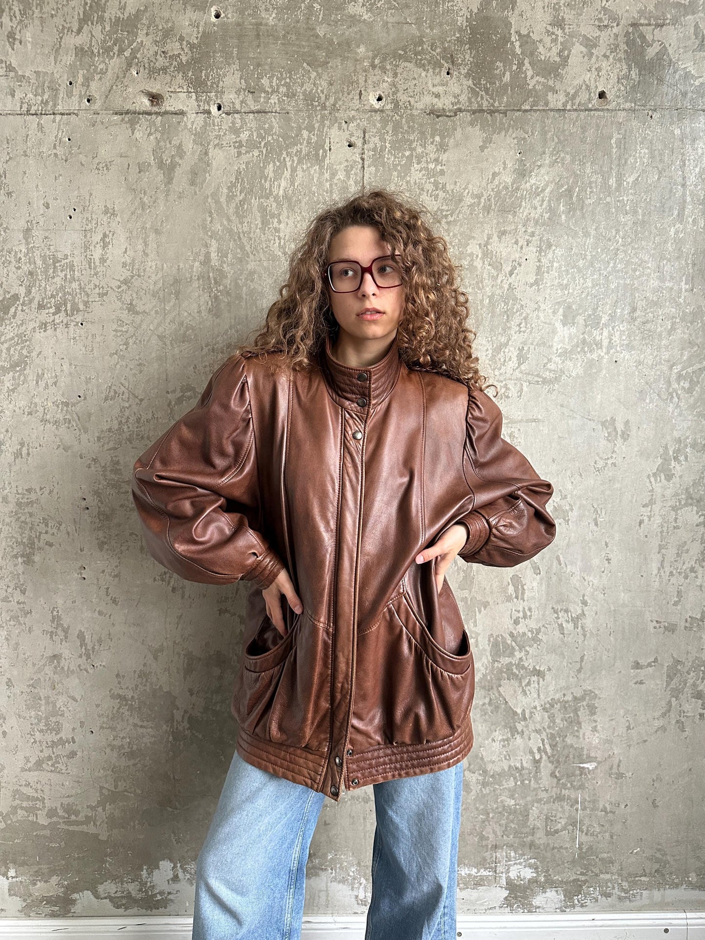 Vintage 80s button up leather jacket in brown