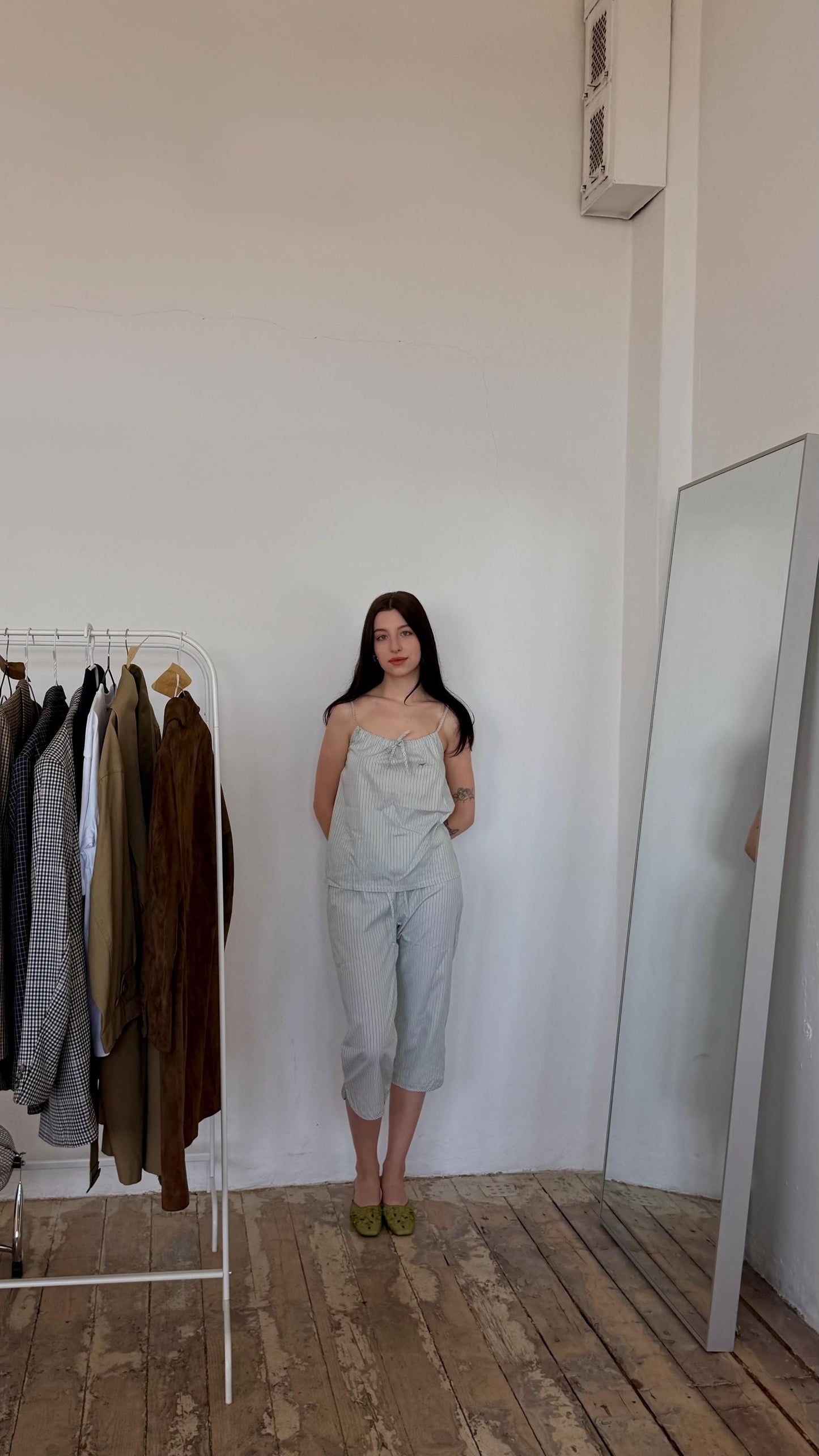 Vintage 90s striped pajama cotton top and trousers set in white