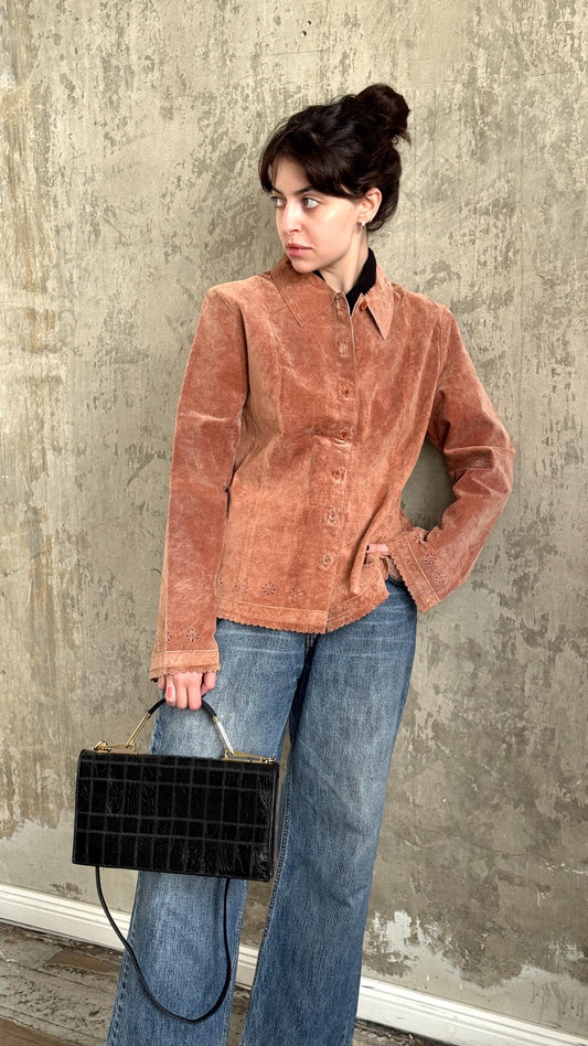 Vintage 90s Suede Leather Boxy Jacket In Brown