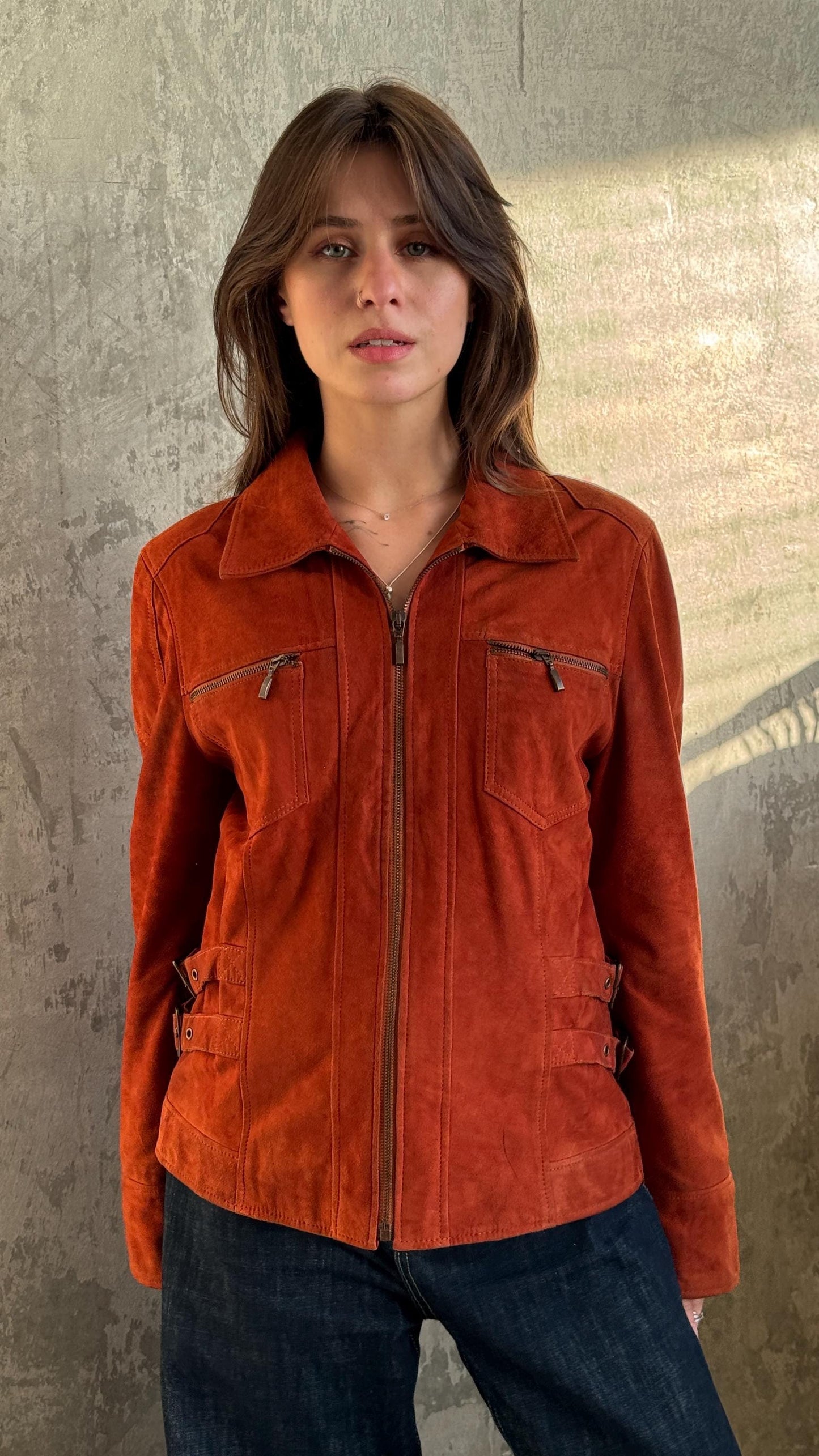 Vintage Leather Suede Boxy Jacket In Orange