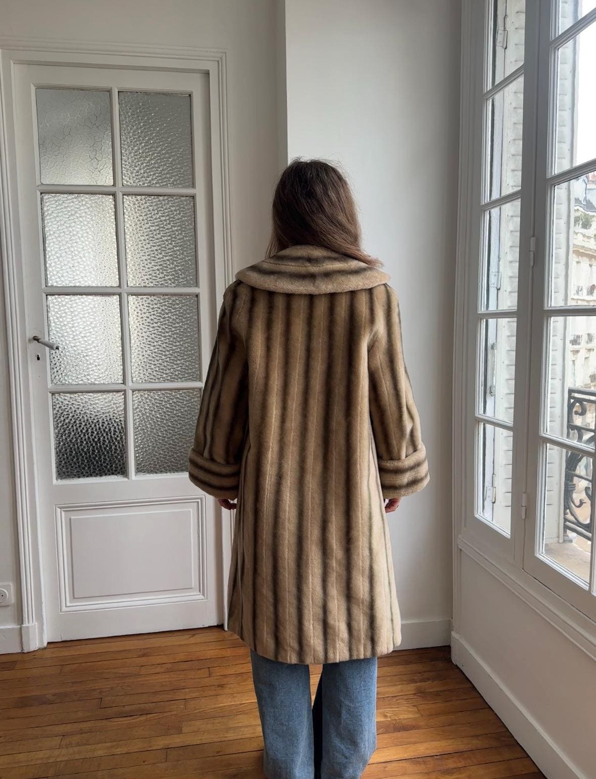 Vintage 60s Faux Fur Coat: Striped, Pom-Pom Closure, Midi Length, British Nylon