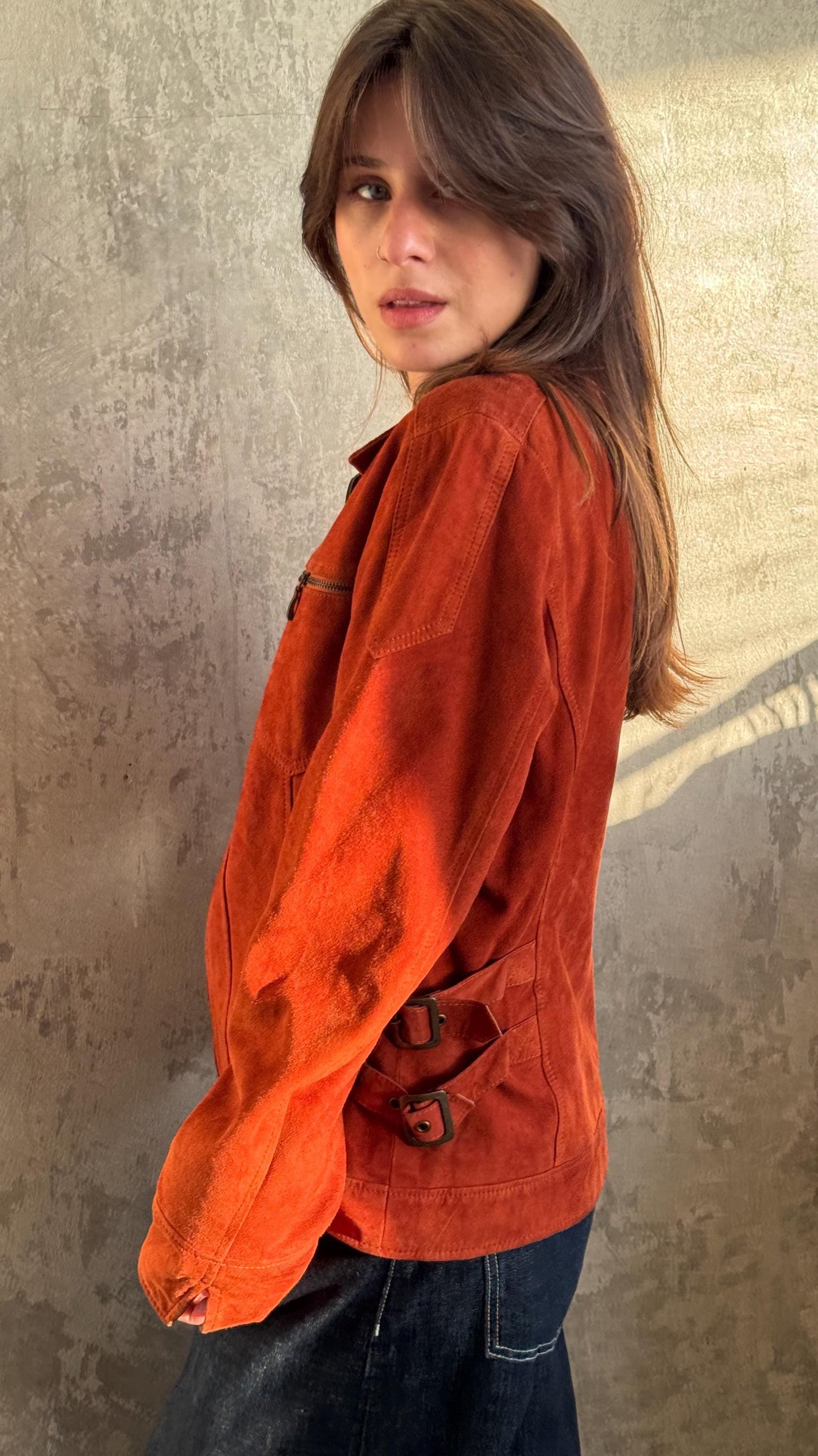 Vintage Leather Suede Boxy Jacket In Orange