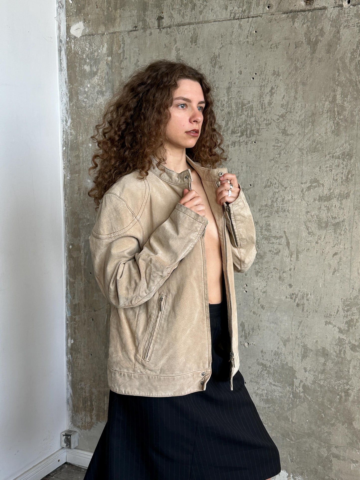 Vintage 90s Beige Suede Leather Moto Jacket