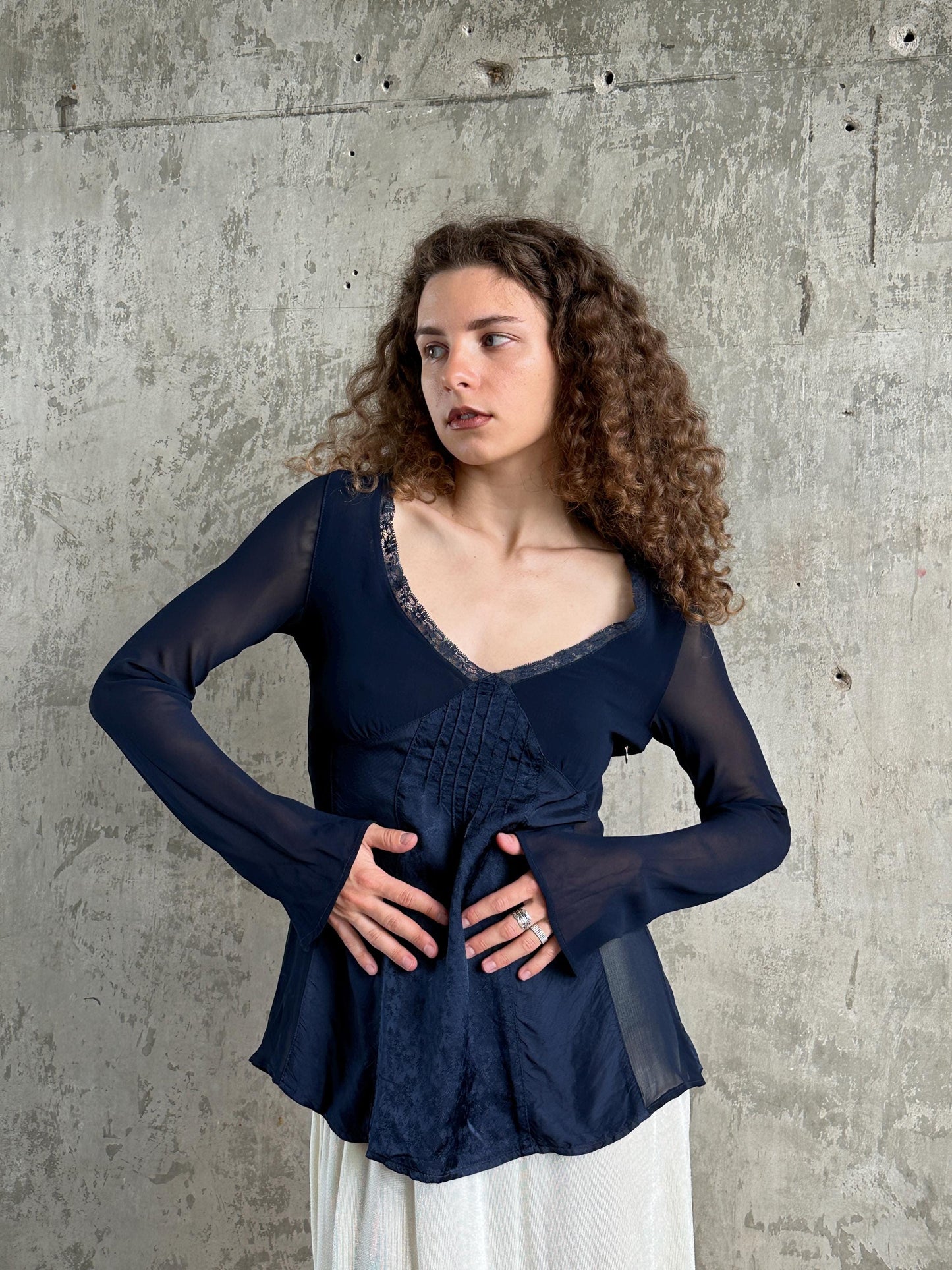 Vintage Navy Blue Sheer Lace Top