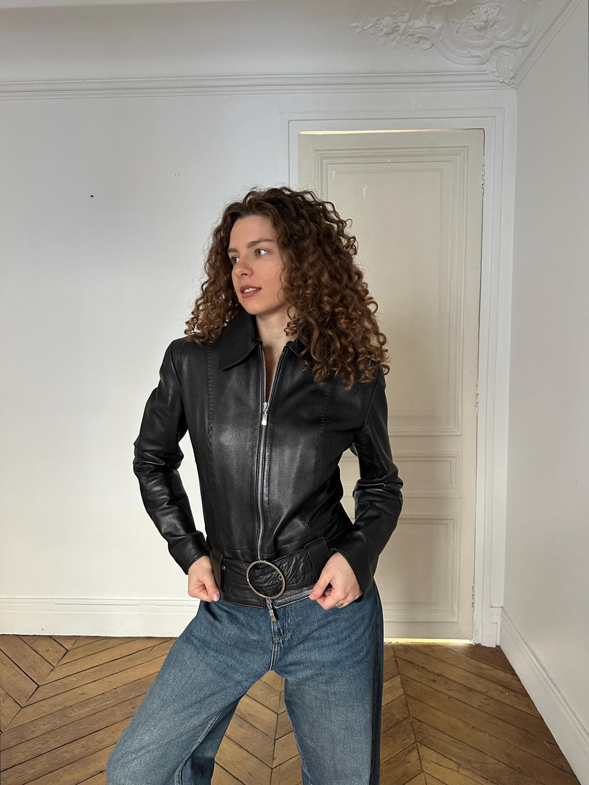 Vintage Genuine Leather Belted Jacket in Black with Ring Buckle