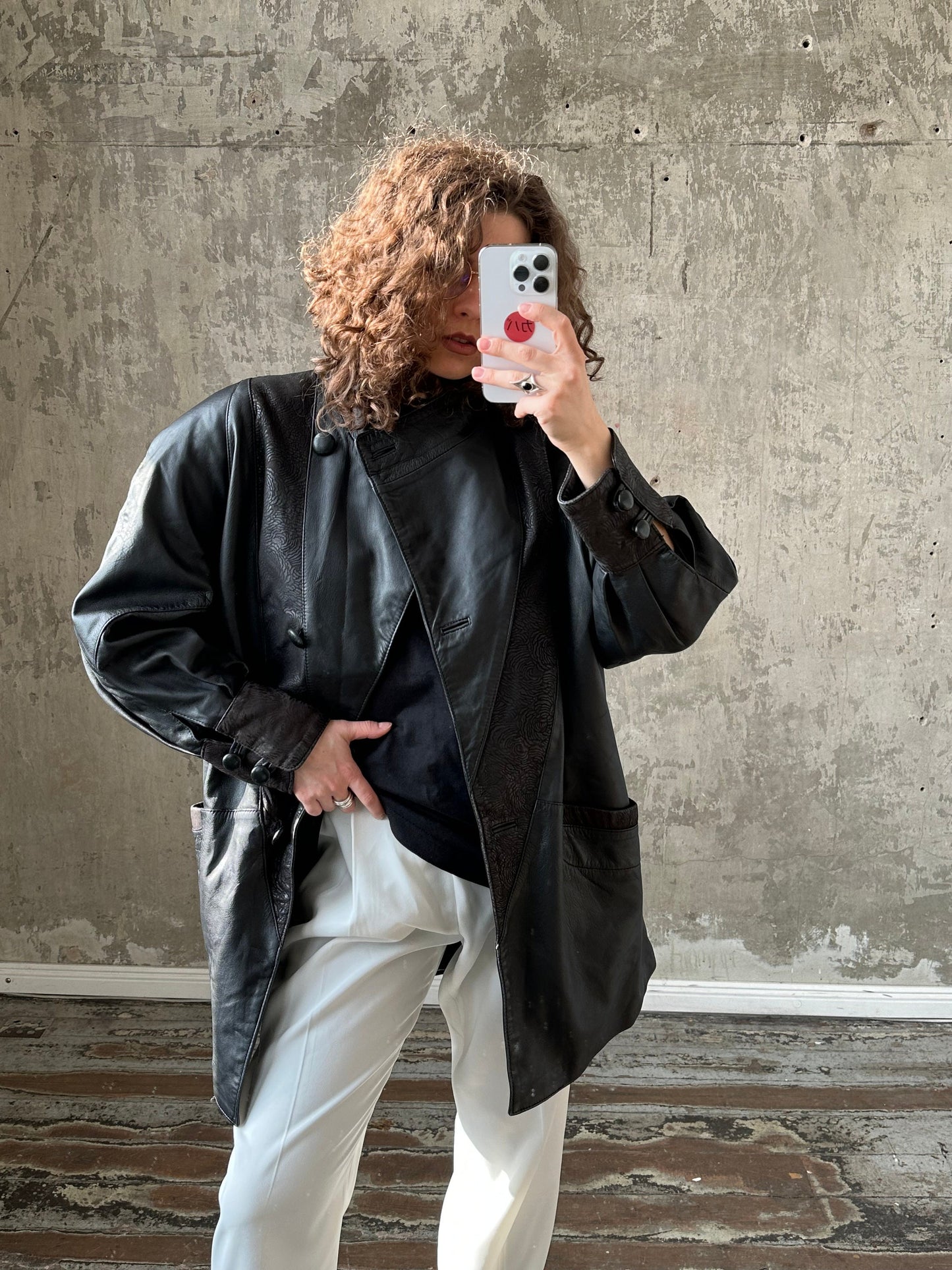 Vintage 90s Black Leather Overcoat with Big Collar, Gender Neutral, Perfect Condition