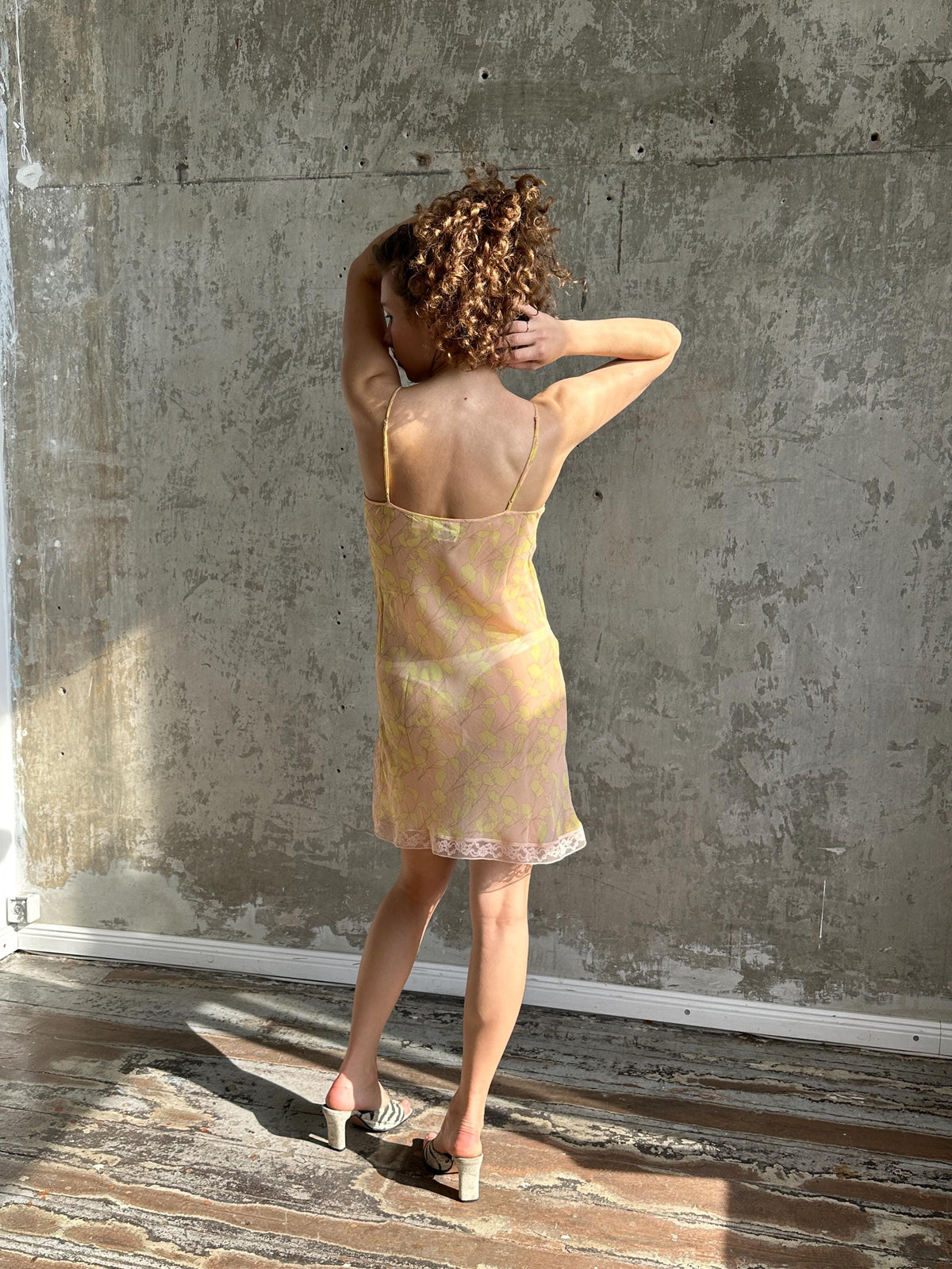 Vintage Calvin Klein Pure Silk Floral Slip Dress in Pink and Yellow