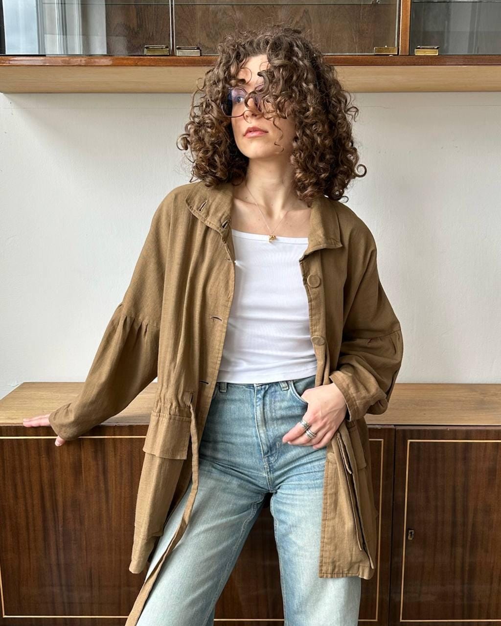 Vintage 90s oversized loose linen jacket in brown