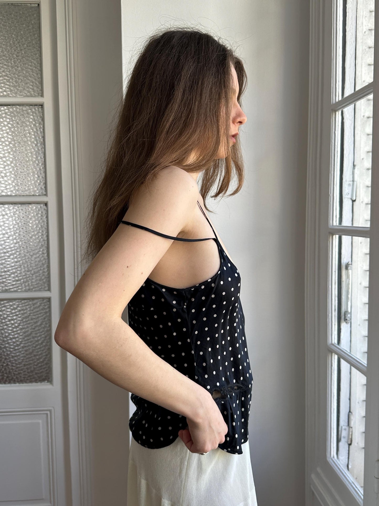 Vintage Pure Silk Polka Dot Nightie Top in Black