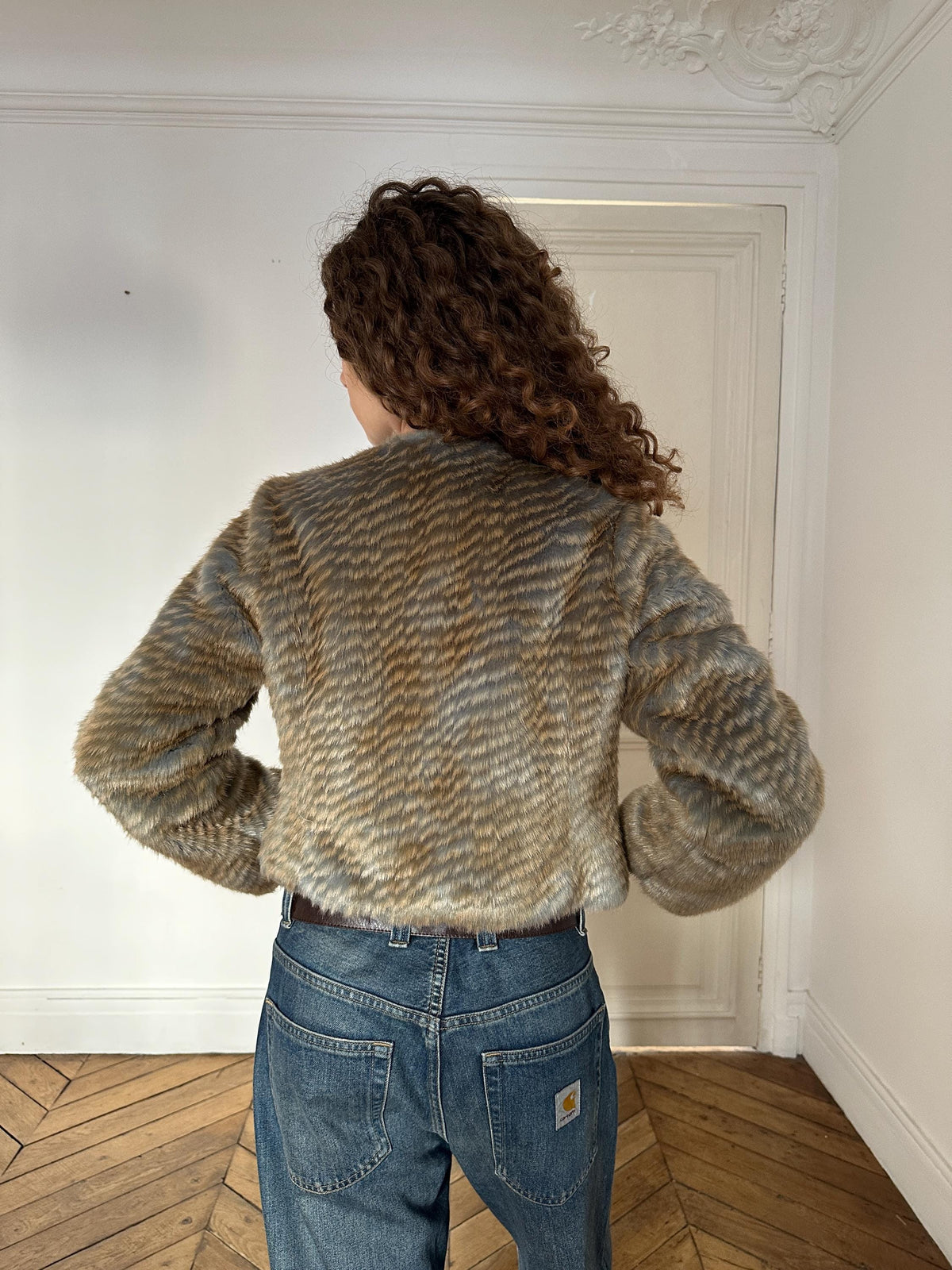 Vintage Cute Cropped Faux Fur Coat in Taupe Beige with Black Satin Bow