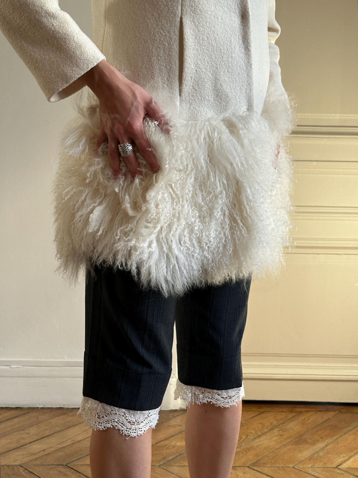 Vintage Boucle Mongolian Fur Hem Coat in Cream