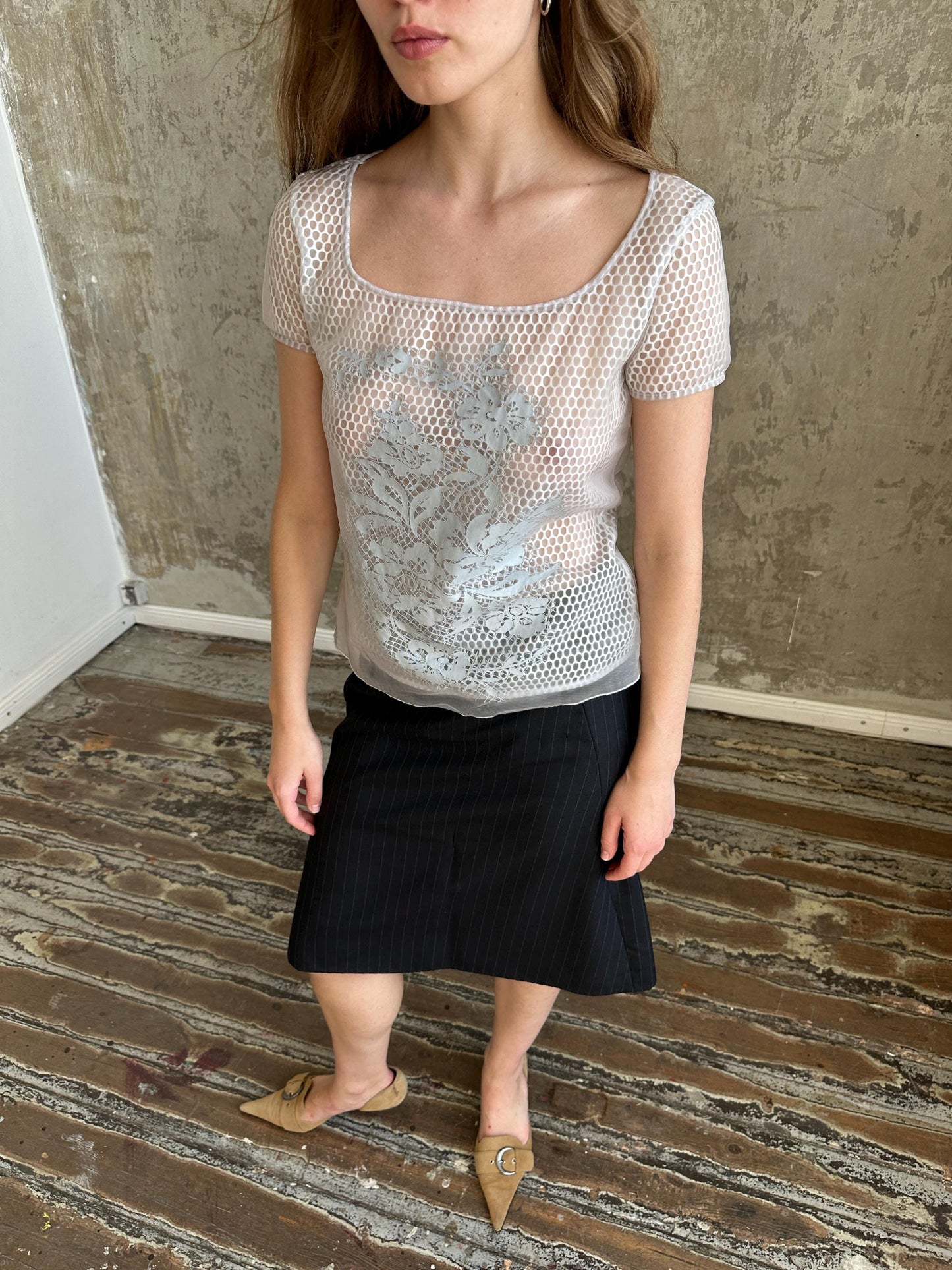 Vintage Cavalli Jeans Grey Mesh Top | Sheer Fishnet T-Shirt
