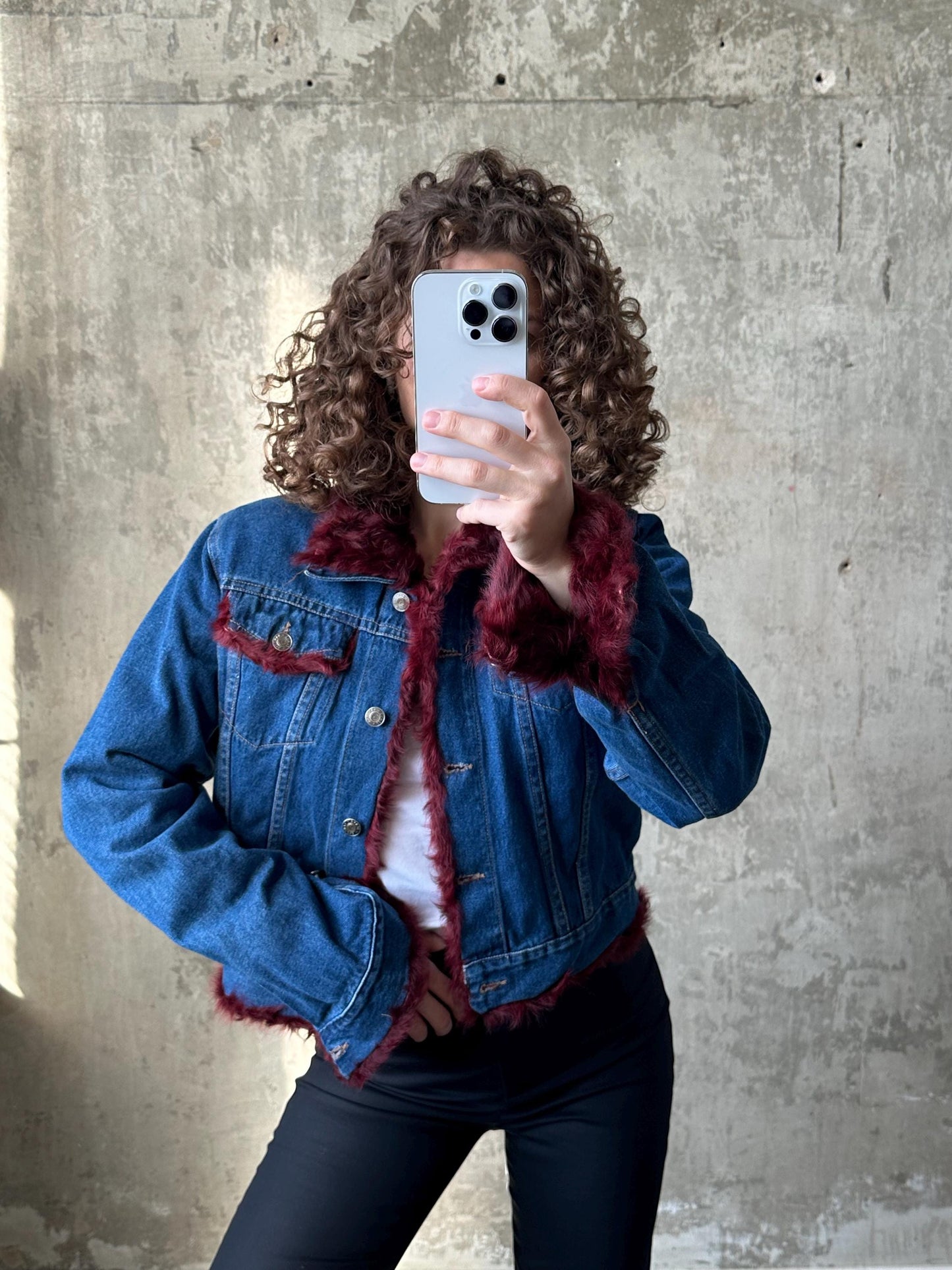 Vintage blue denim bomber jacket with fur lining