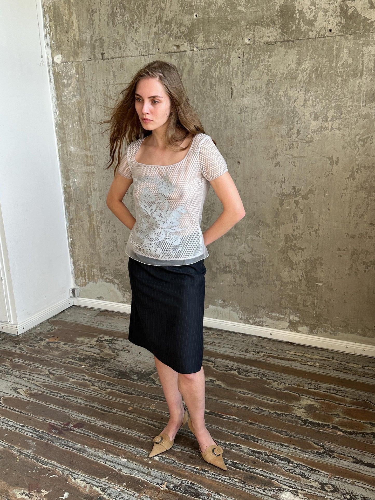 Vintage Cavalli Jeans Grey Mesh Top | Sheer Fishnet T-Shirt