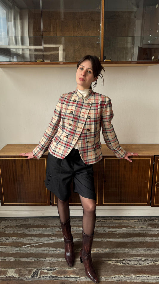 Vintage Weekend Max Mara Plaid Wool Blazer in Pink and Beige