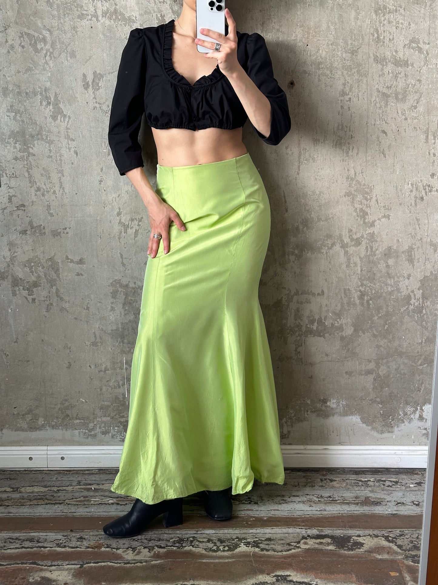 Vintage y2k shiny prom skirt, floor acid green mermaid skirt