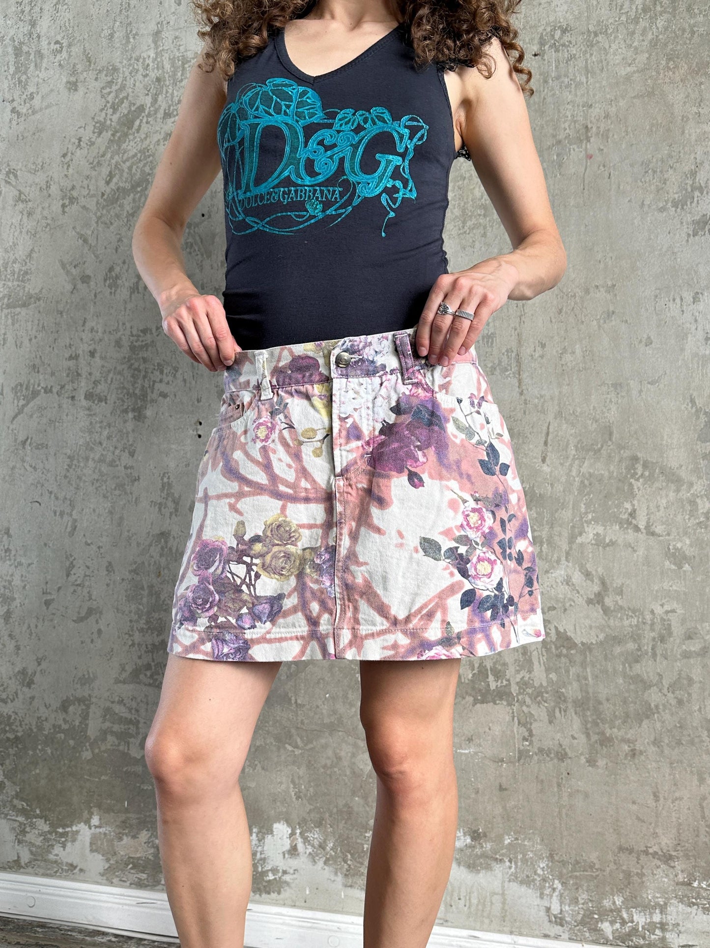 Vintage Y2K Cavalli Denim Floral Mini Skirt in Pink