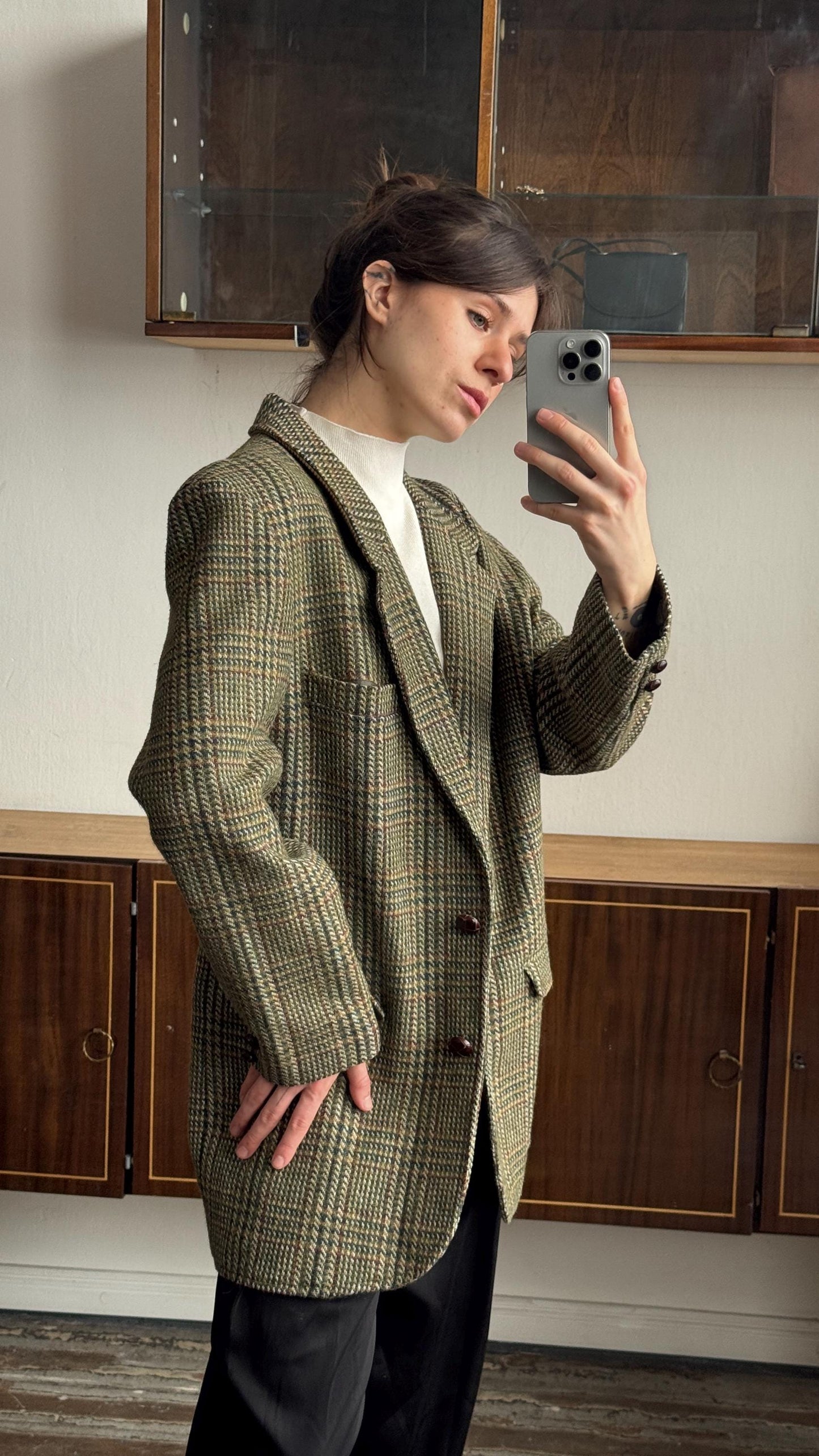Vintage 90s Wool Classic Checked Blazer In Green