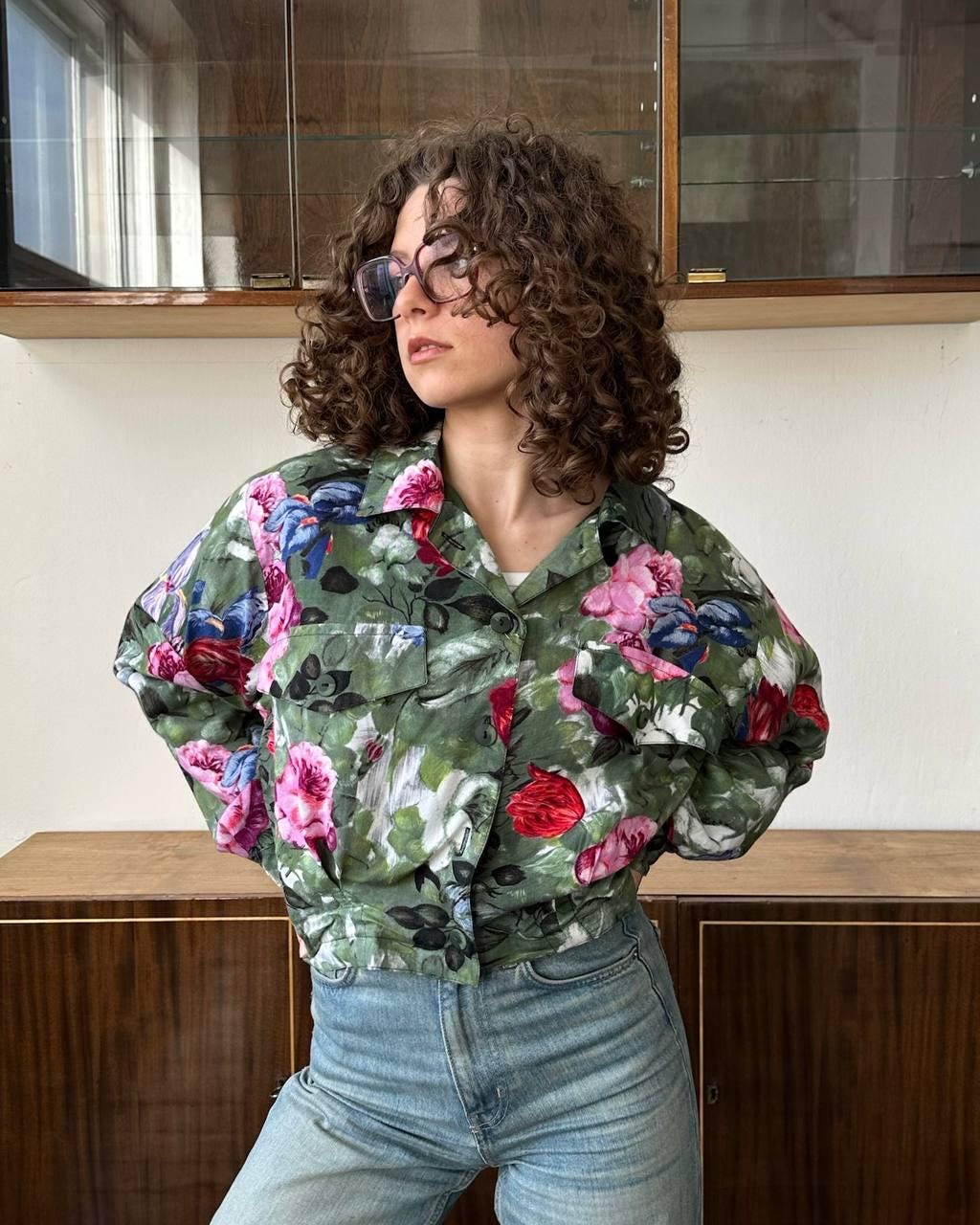 Vintage lightweight floral jacket in green & pink