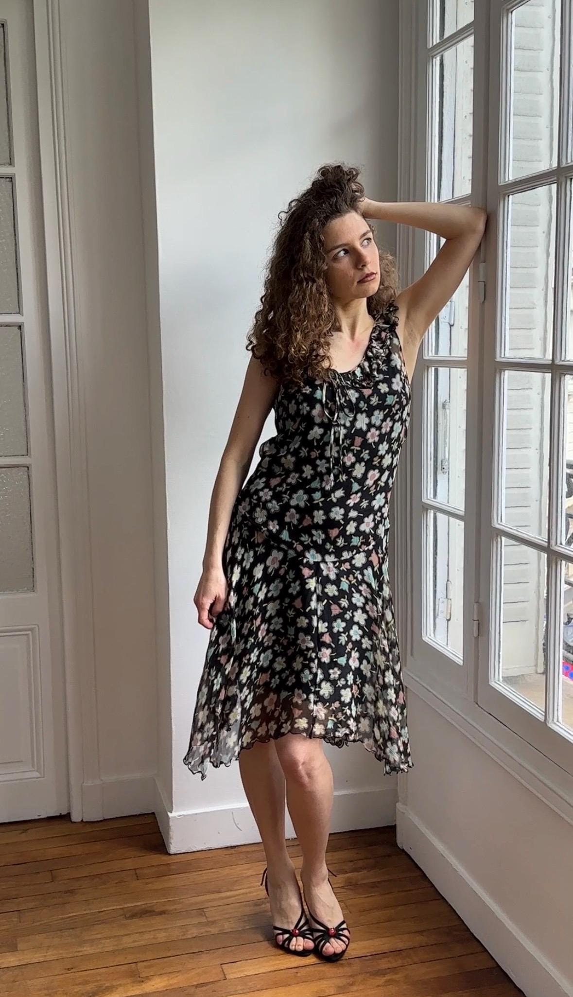 Moschino Cheap and Chic Black Floral Chiffon Midi Dress