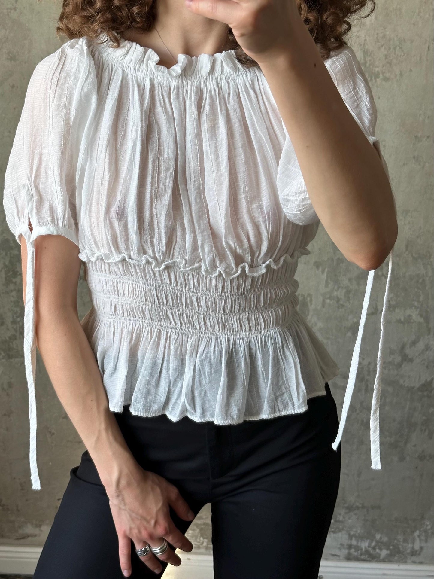 Vintage off-the-shoulder light blouse in white