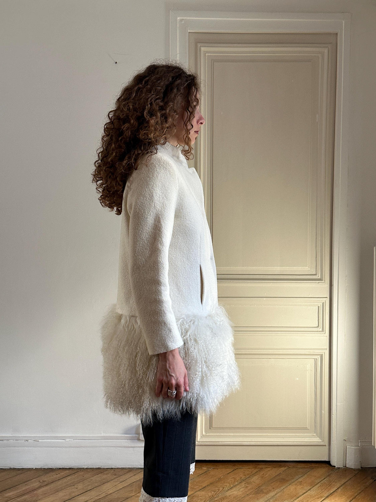 Vintage Boucle Mongolian Fur Hem Coat in Cream