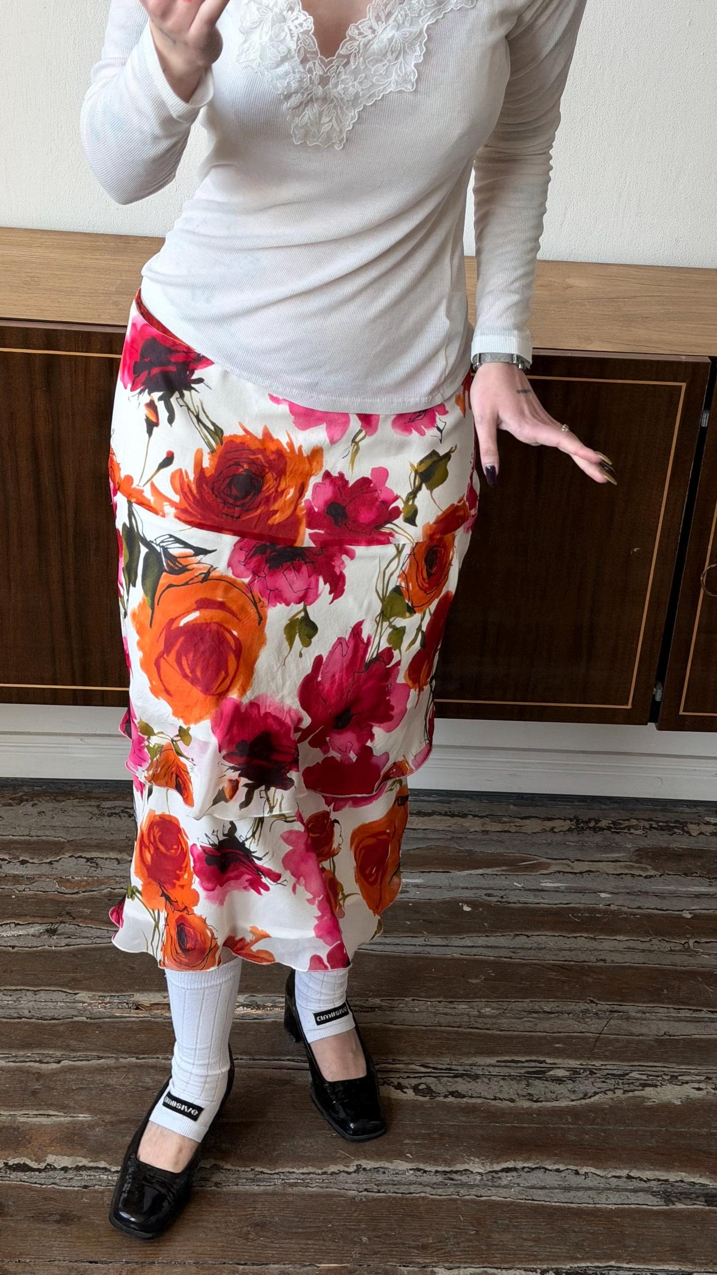 Vintage Marella Silk Floral Midi Skirt, Y2K Italian Bias Cut Slip Skirt (L/XL)