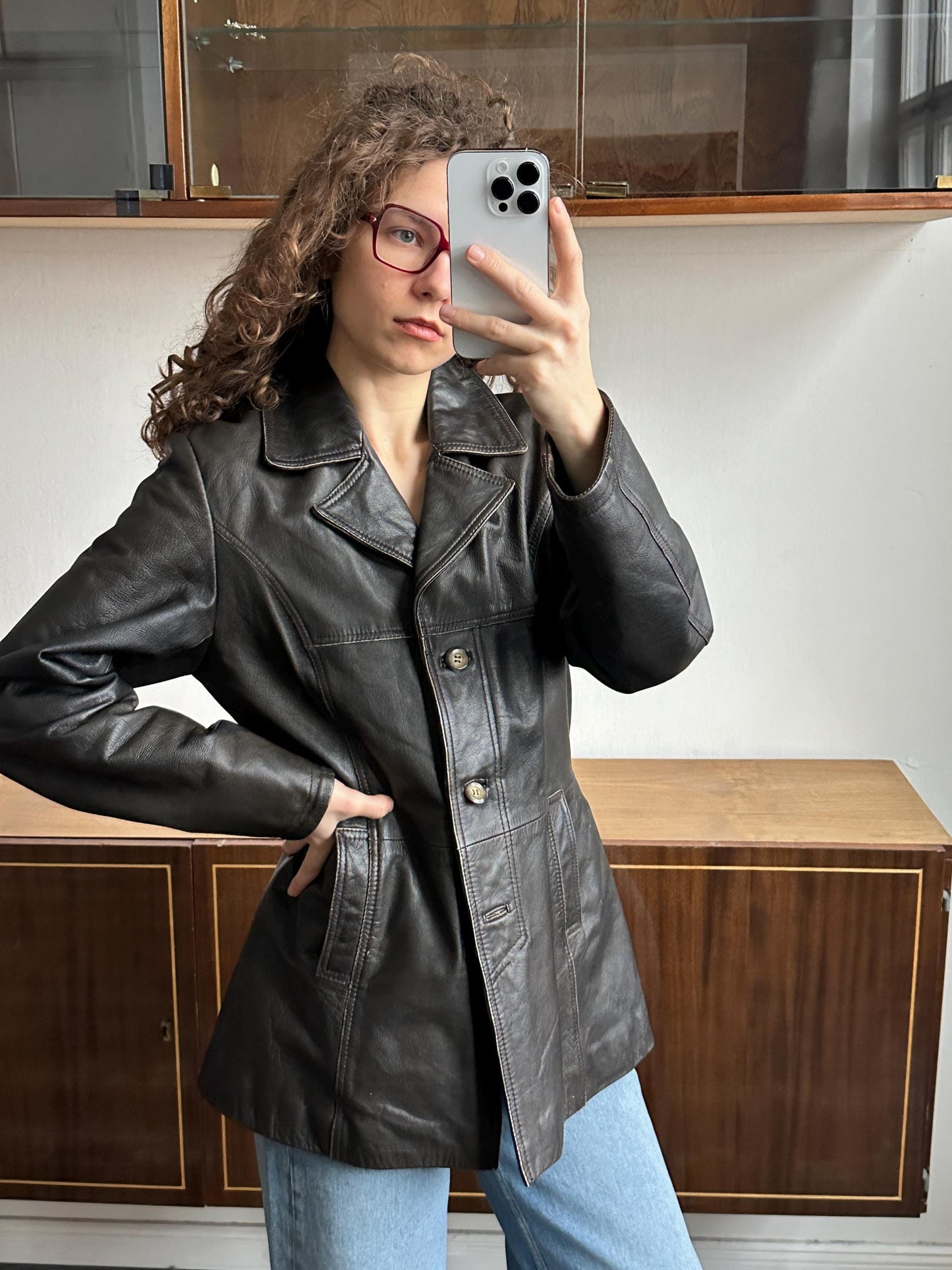 Vintage 90s Minimalist Leather Jacket In Dark Brown