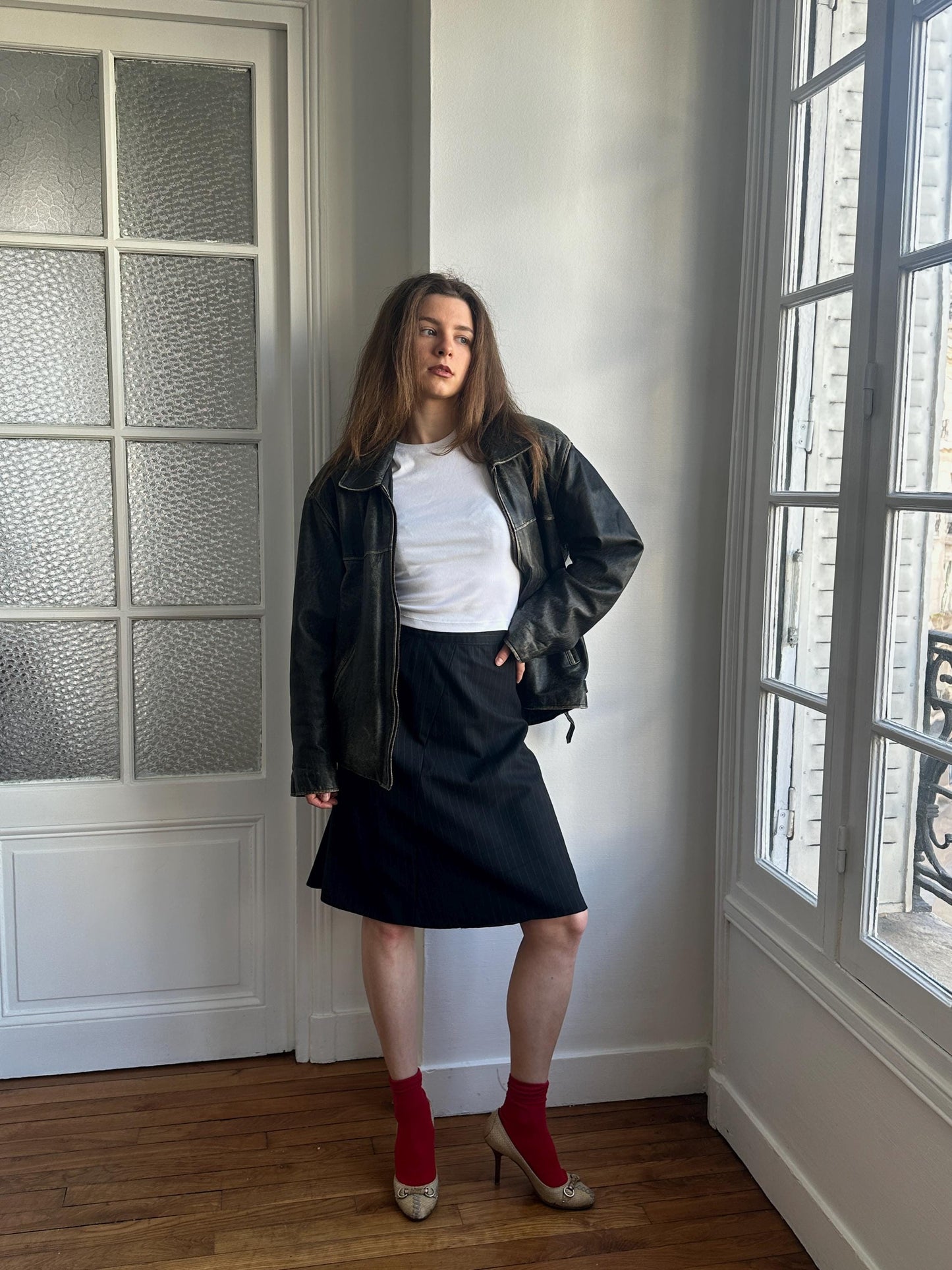 Vintage Distressed Leather Bomber Jacket in Black