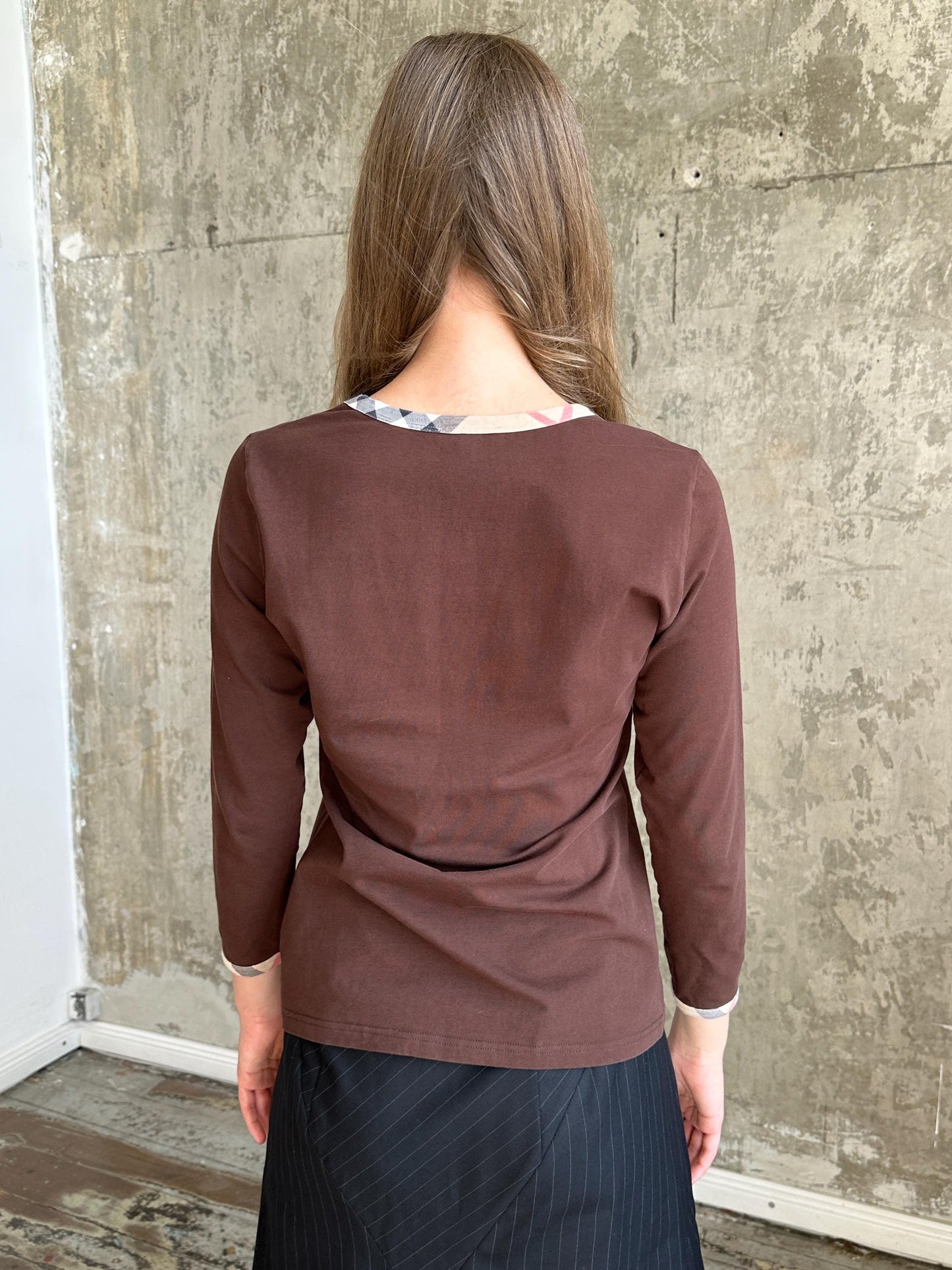 Vintage Burberry London Brown Check Trim Top | Long Sleeve Cotton Shirt