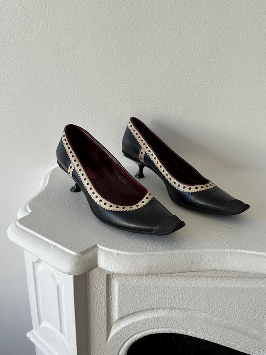Miu Miu Black & Cream Perforated Leather Kitten Heel Pumps I US 6.5