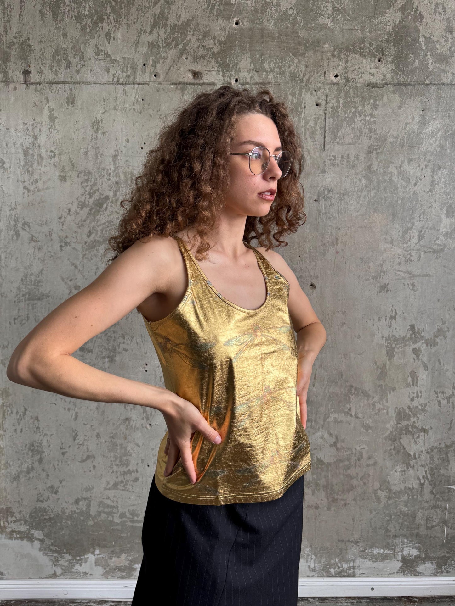 Vintage Just Cavalli Gold Metallic Tank Top, Y2K Italian Designer Clubwear Camisole